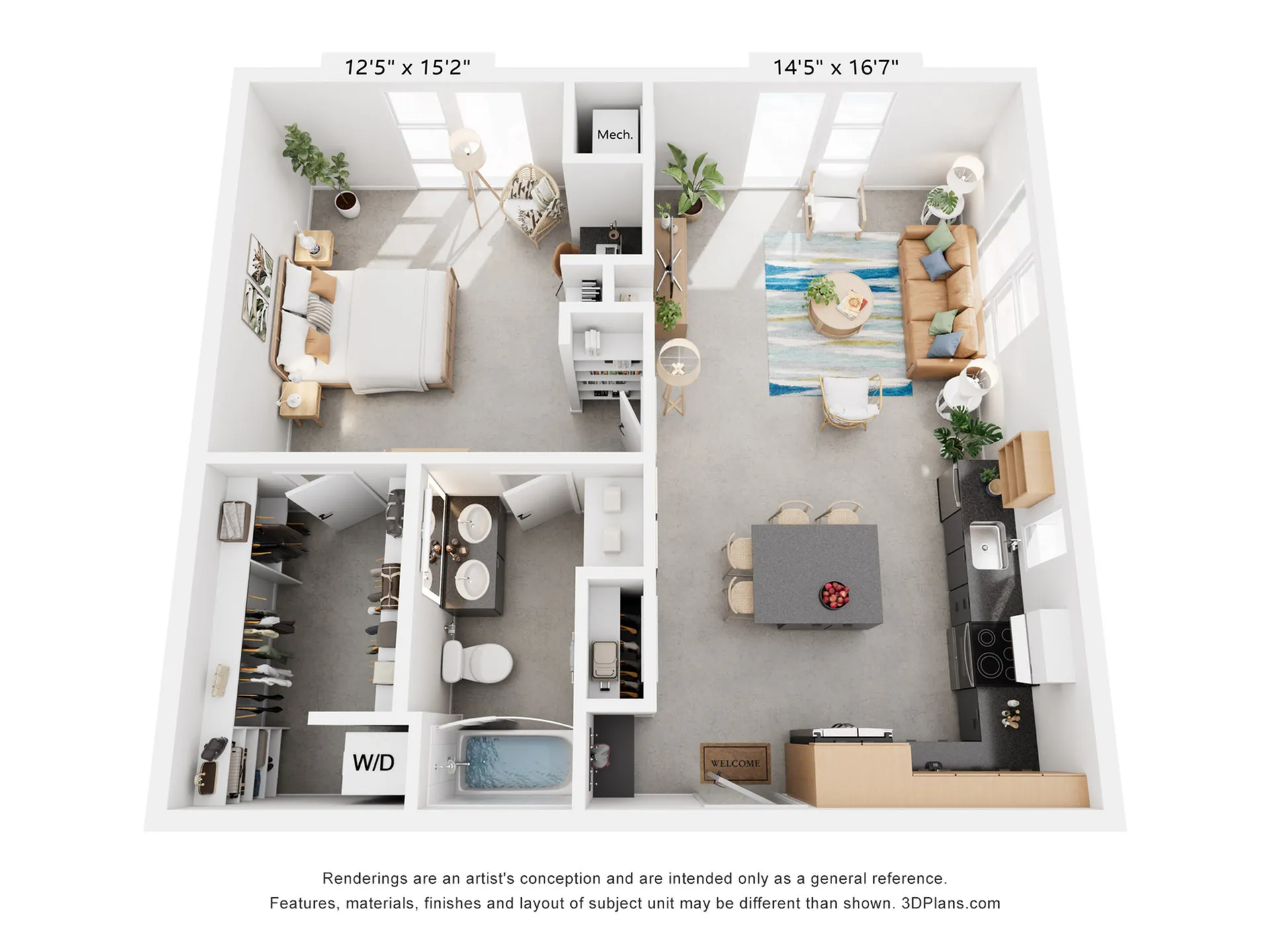 Contemporary 3D floor plan showcasing a spacious bedroom, open-concept living area, modern kitchen, and stylish bathroom with ample storage.