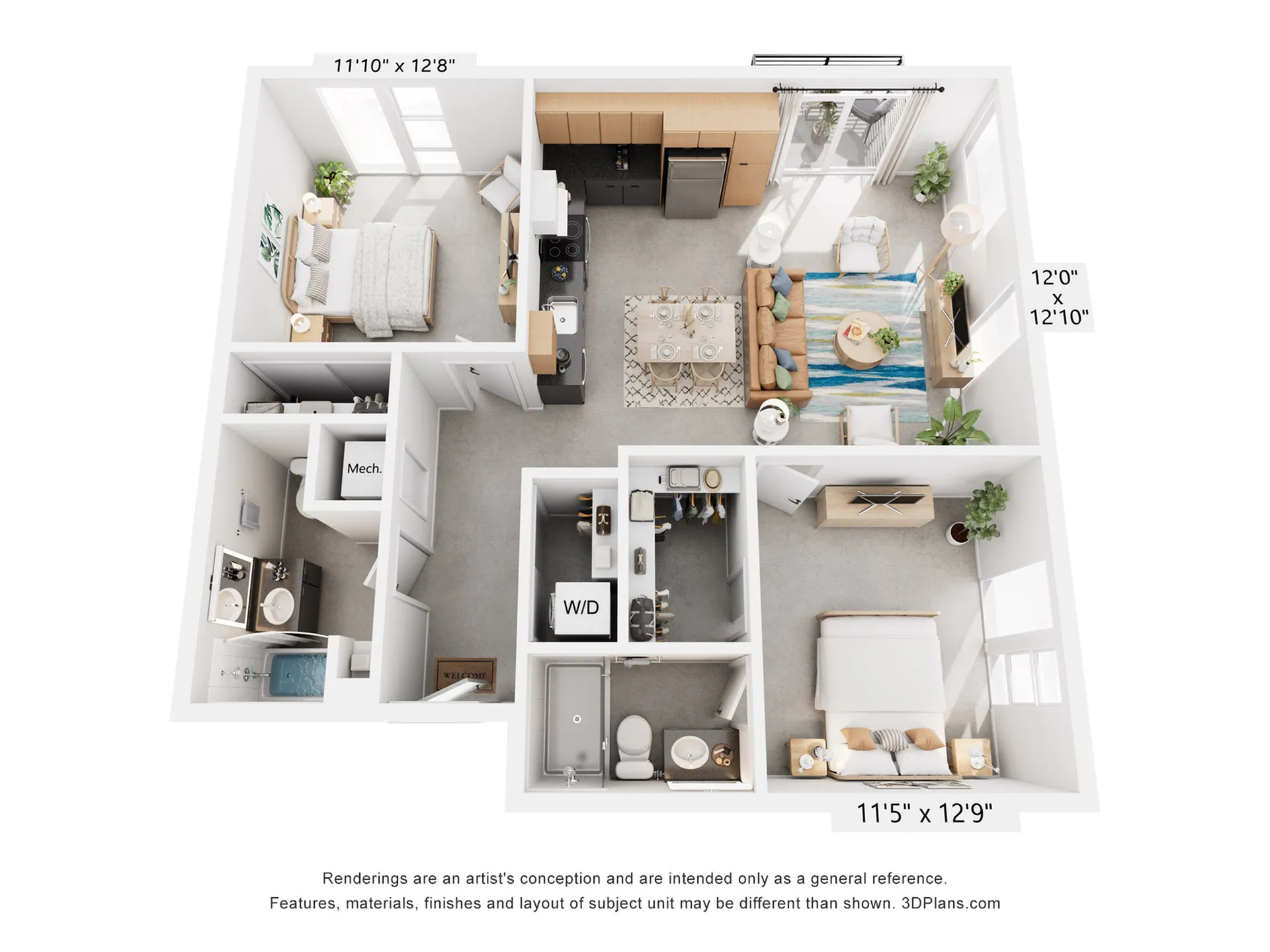 Modern floor plan with two bedrooms, open-concept living area, stylish kitchen, and two bathrooms, featuring convenient in-unit washer/dryer.