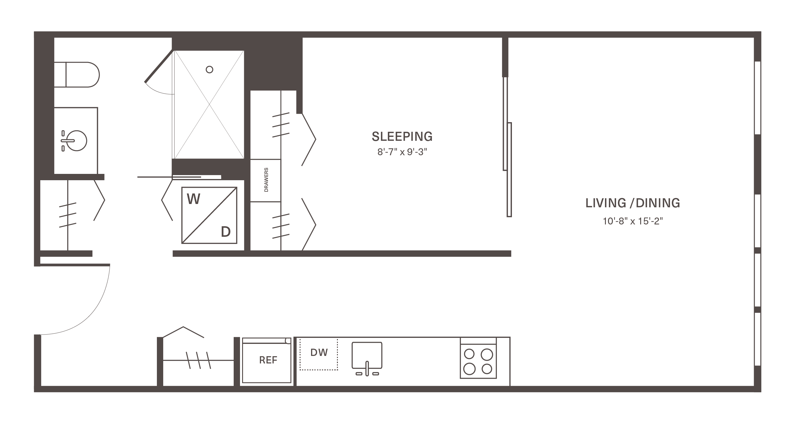 One-bedroom apartment floor plan at Fishtown Urby with open layout, sleek kitchen, and built-in storage.