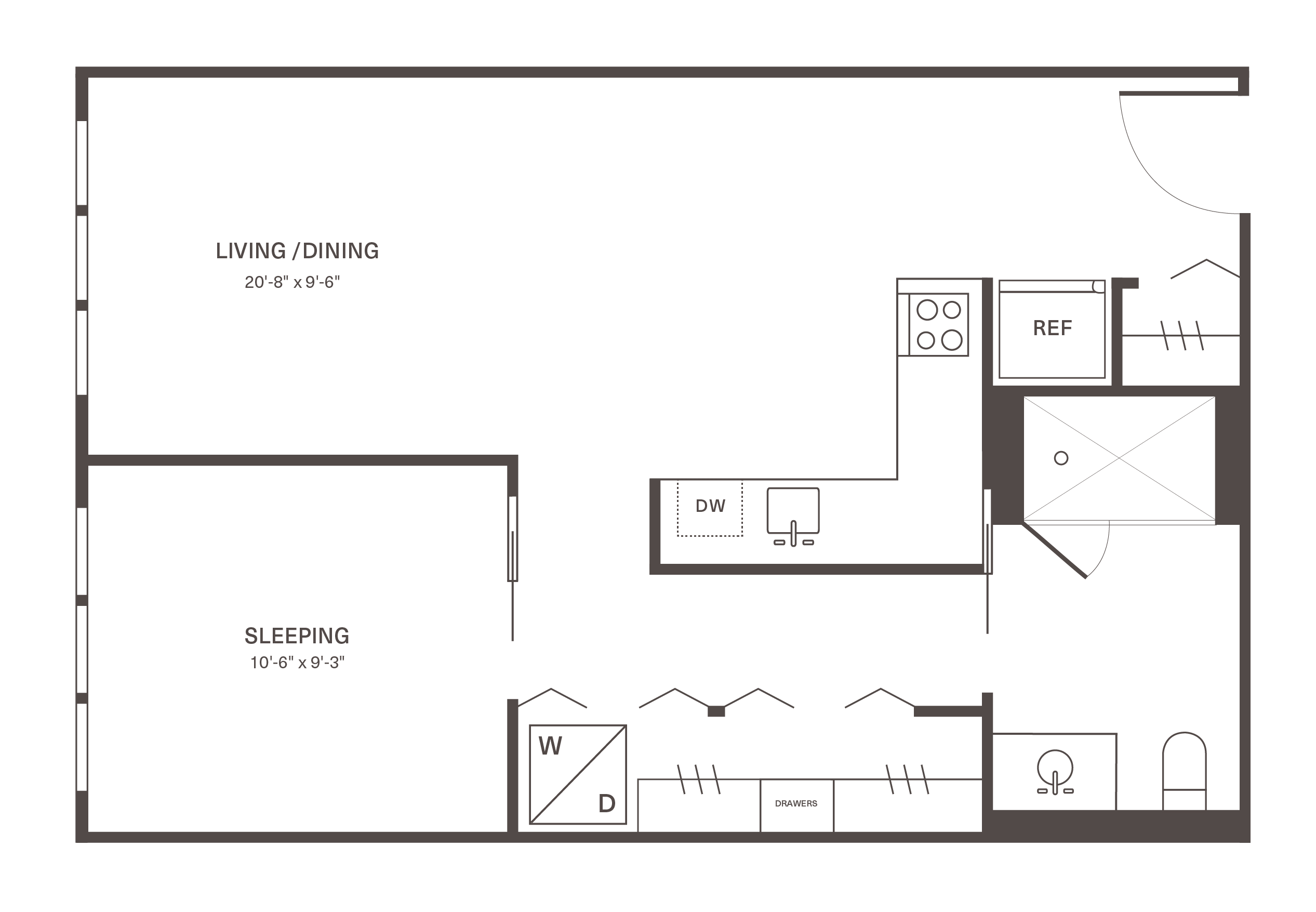 Modern one-bedroom apartment floor plan at Fishtown Urby with open L-shaped kitchen and flexible living space.