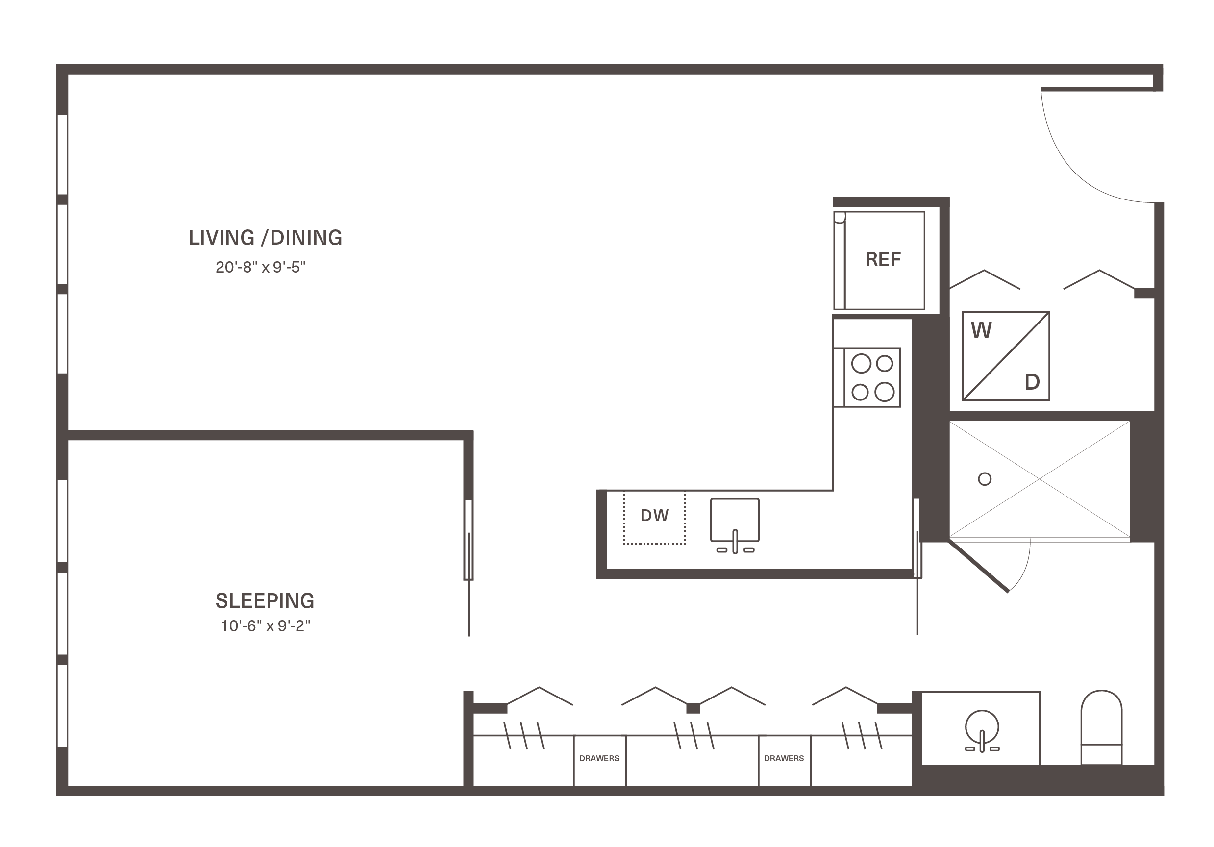 One-bedroom layout at Fishtown Urby with built-in closet storage and natural light throughout.