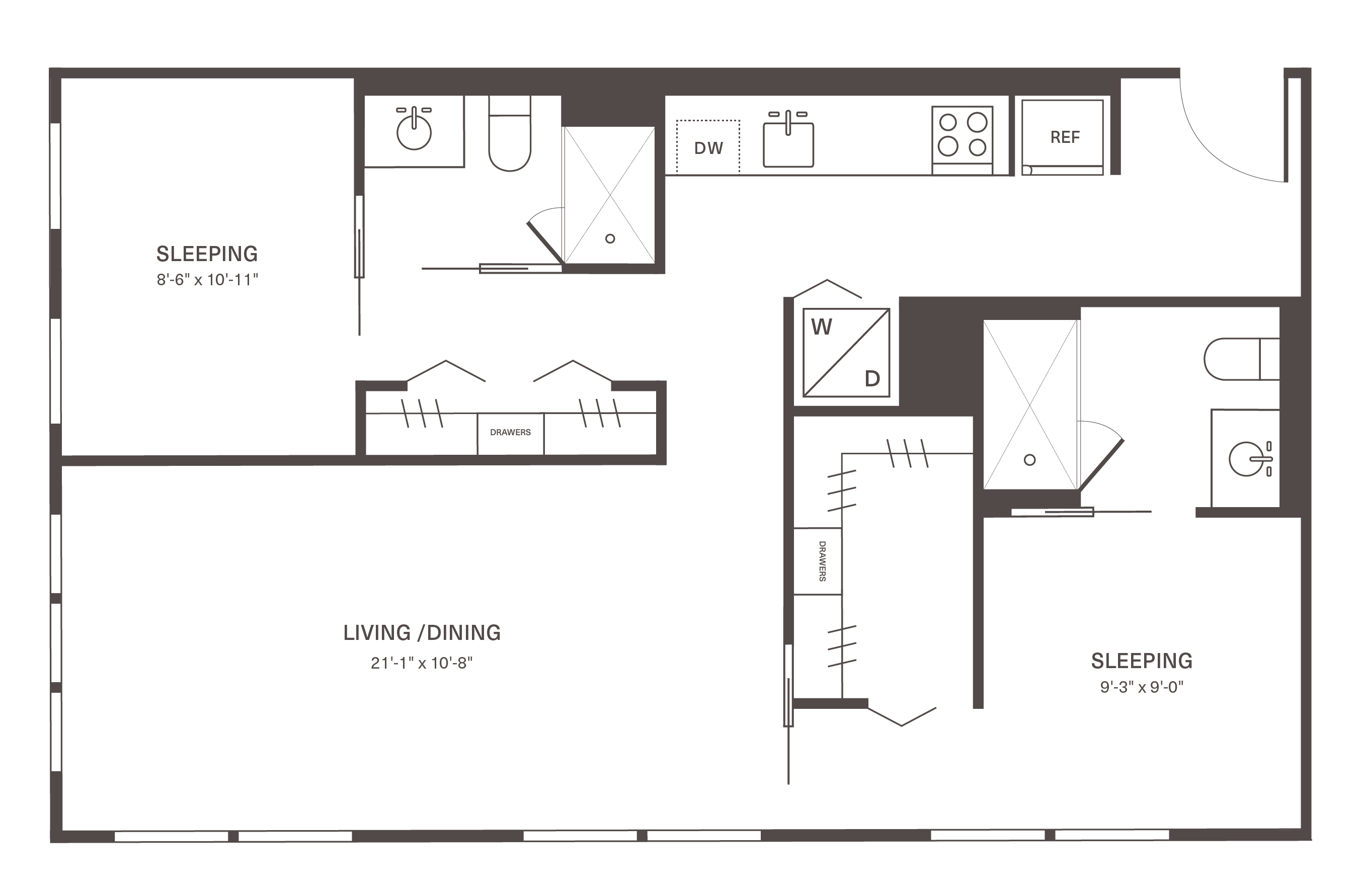 Two-bedroom, two-bathroom corner apartment at Fishtown Urby with spacious living area and modern kitchen.