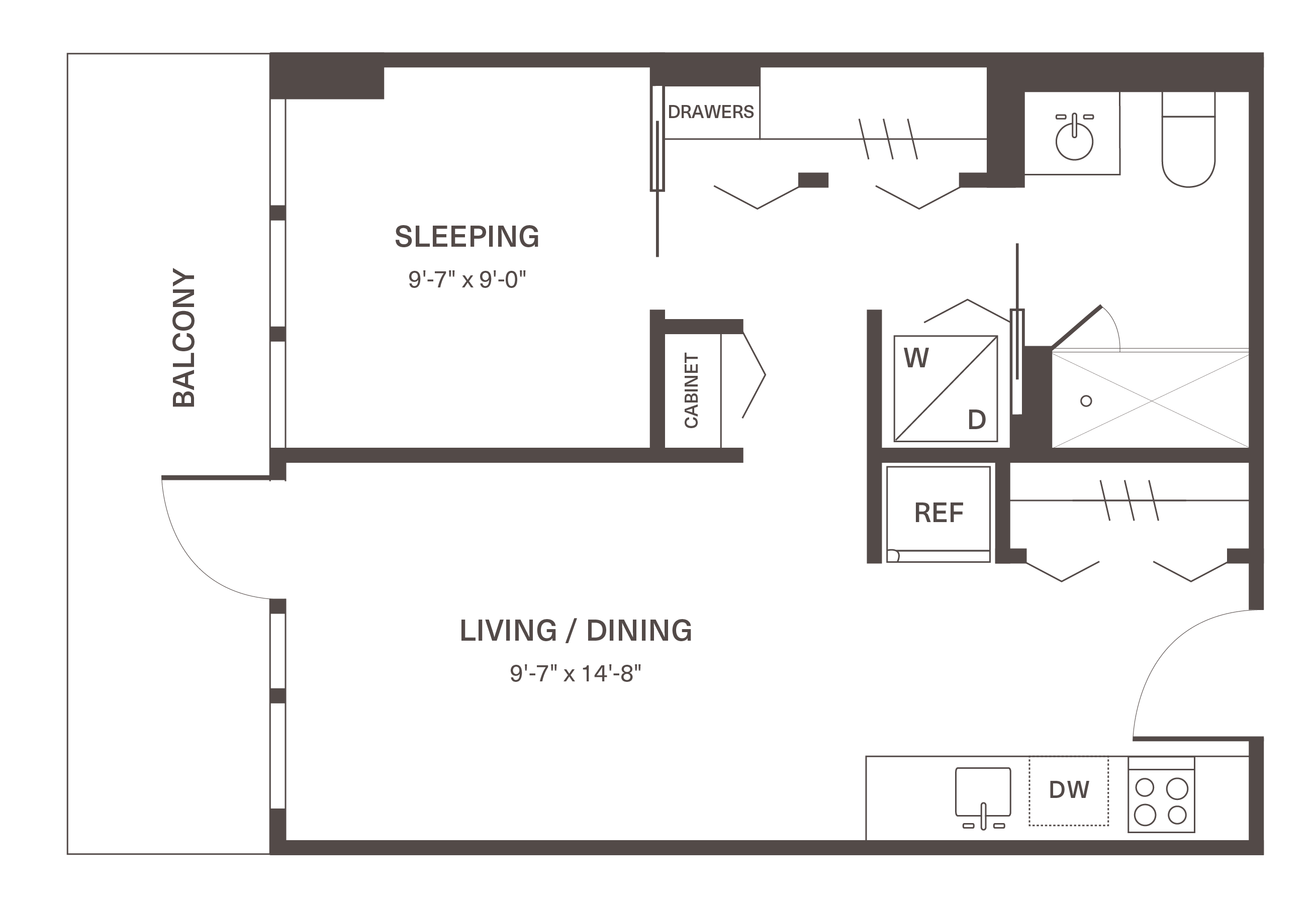 Modern studio floor plan with a spacious living and dining area, sleeping space, and a private balcony.