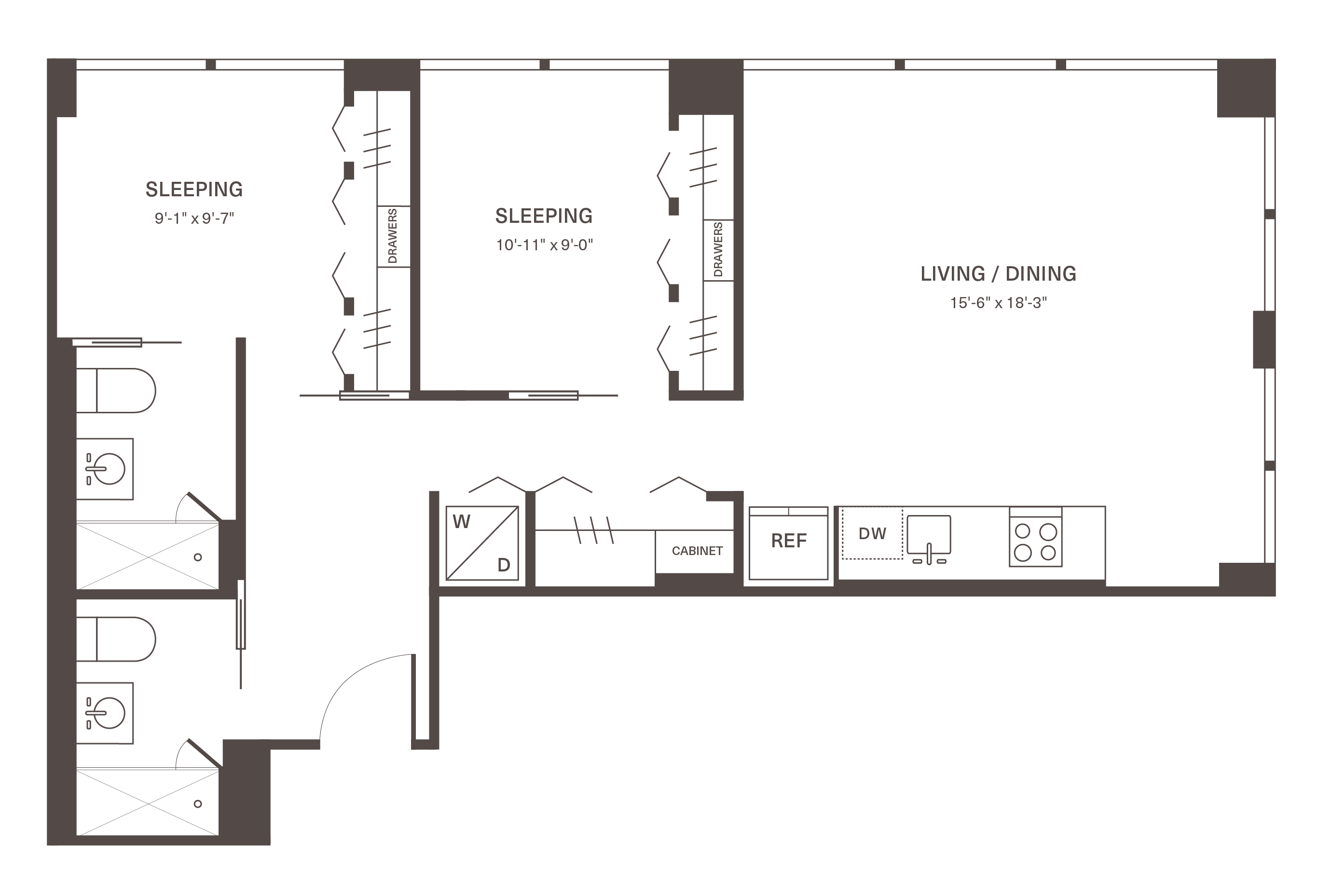 Modern floor plan featuring two bedrooms, a spacious living and dining area, and a well-equipped kitchen with ample storage.
