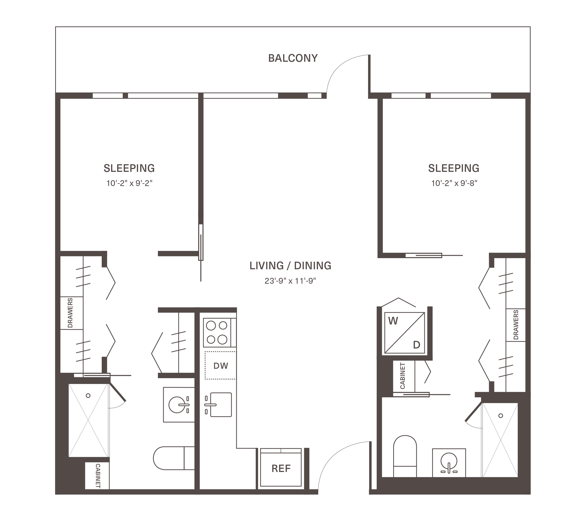 Modern floor plan featuring 2 spacious bedrooms, open living and dining area, and a balcony for outdoor relaxation.