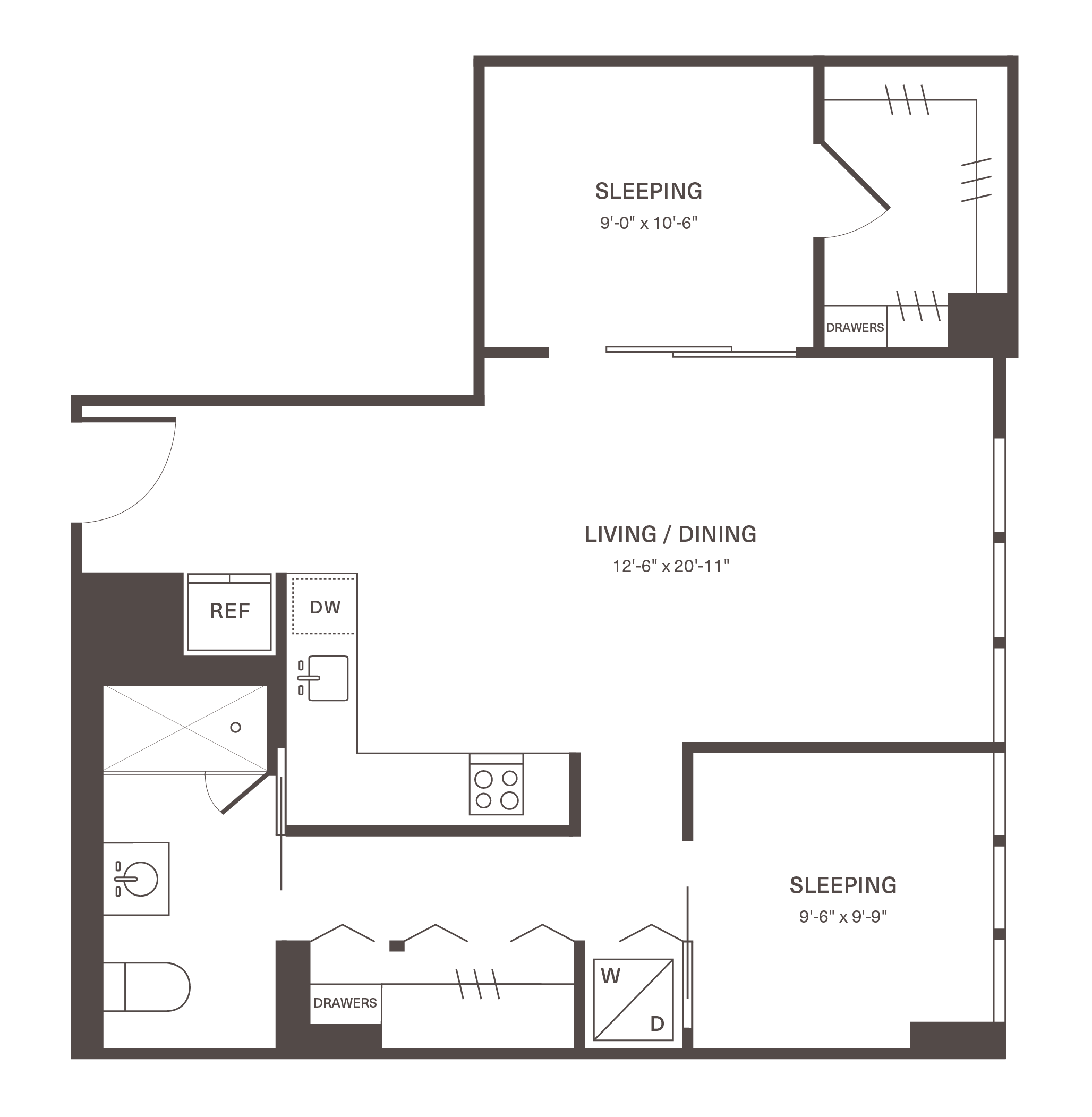 Modern floor plan featuring an open living and dining area, two sleeping spaces, and a compact kitchen with appliances.
