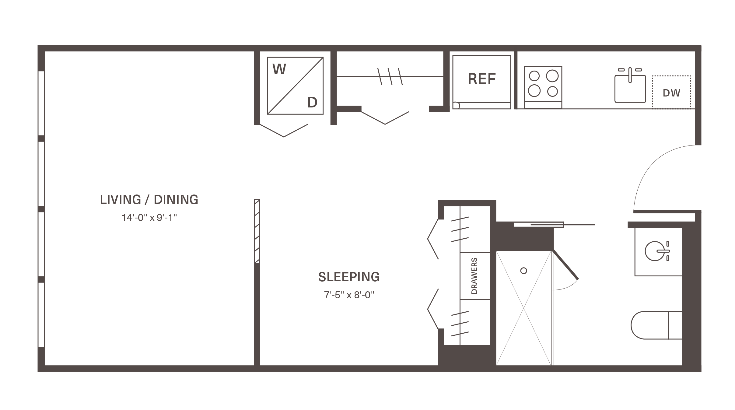 Modern studio apartment floor plan showcasing open living and dining area, compact sleeping alcove, and efficient kitchen with built-in washer and dryer.