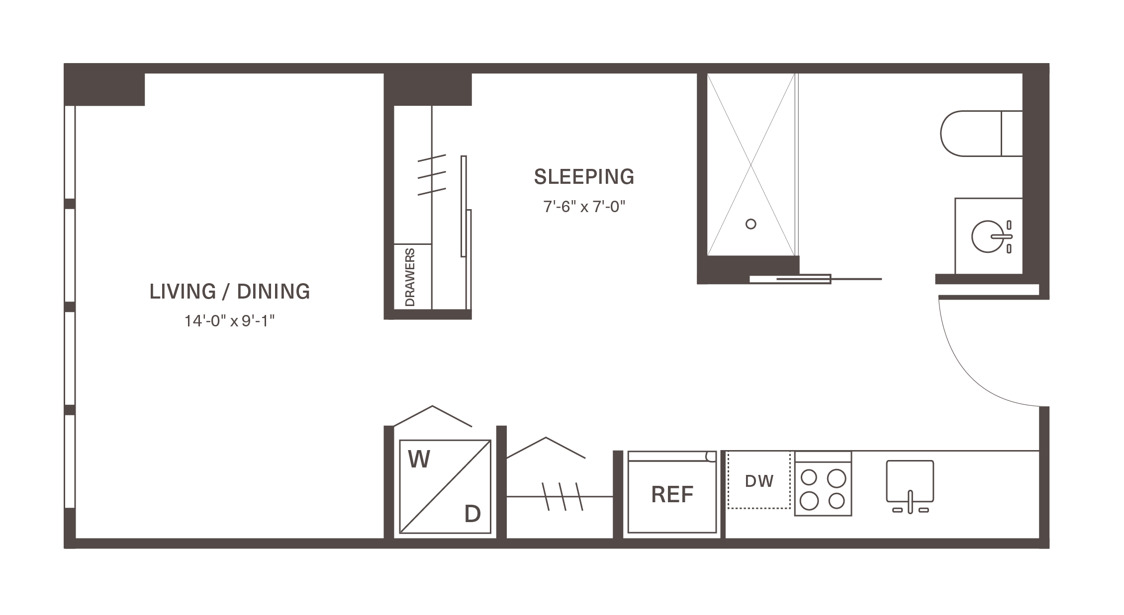 Modern studio floor plan featuring a combined living and dining area, sleeping space, and efficient kitchen layout.