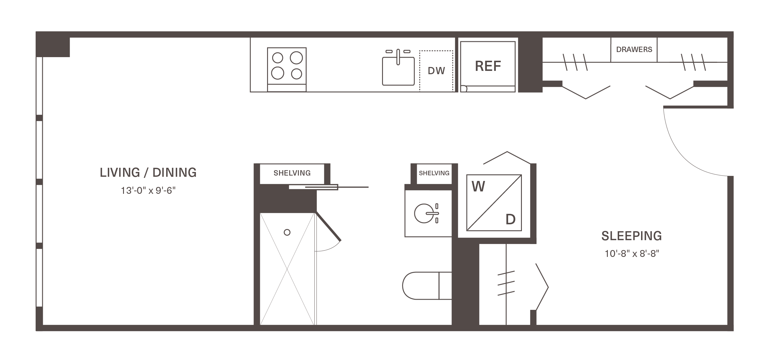 Elegant floor plan showcasing a one-bedroom apartment with a separate living/dining area, modern kitchen, and spacious sleeping quarters.
