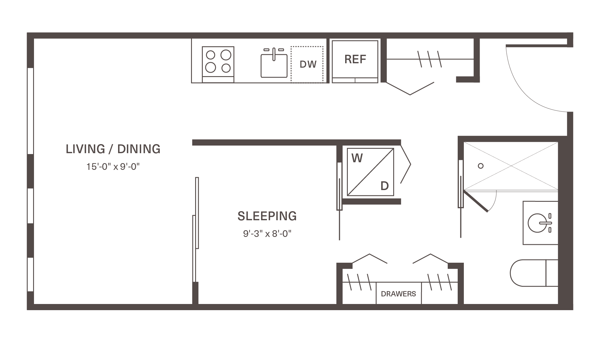Elegant floor plan showcasing an open-concept living/dining area, cozy sleeping space, modern kitchen, and stylish bathroom.