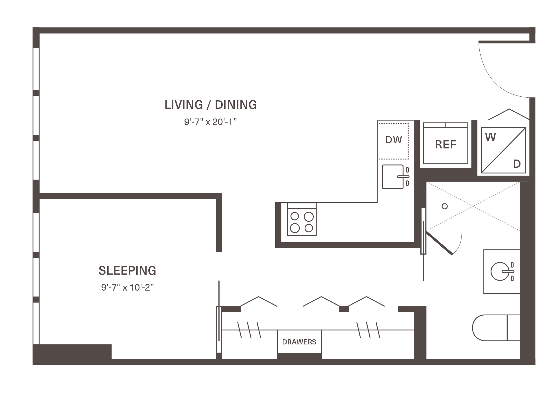 Contemporary floor plan with spacious living and dining area, cozy sleeping space, and modern kitchen featuring appliances.