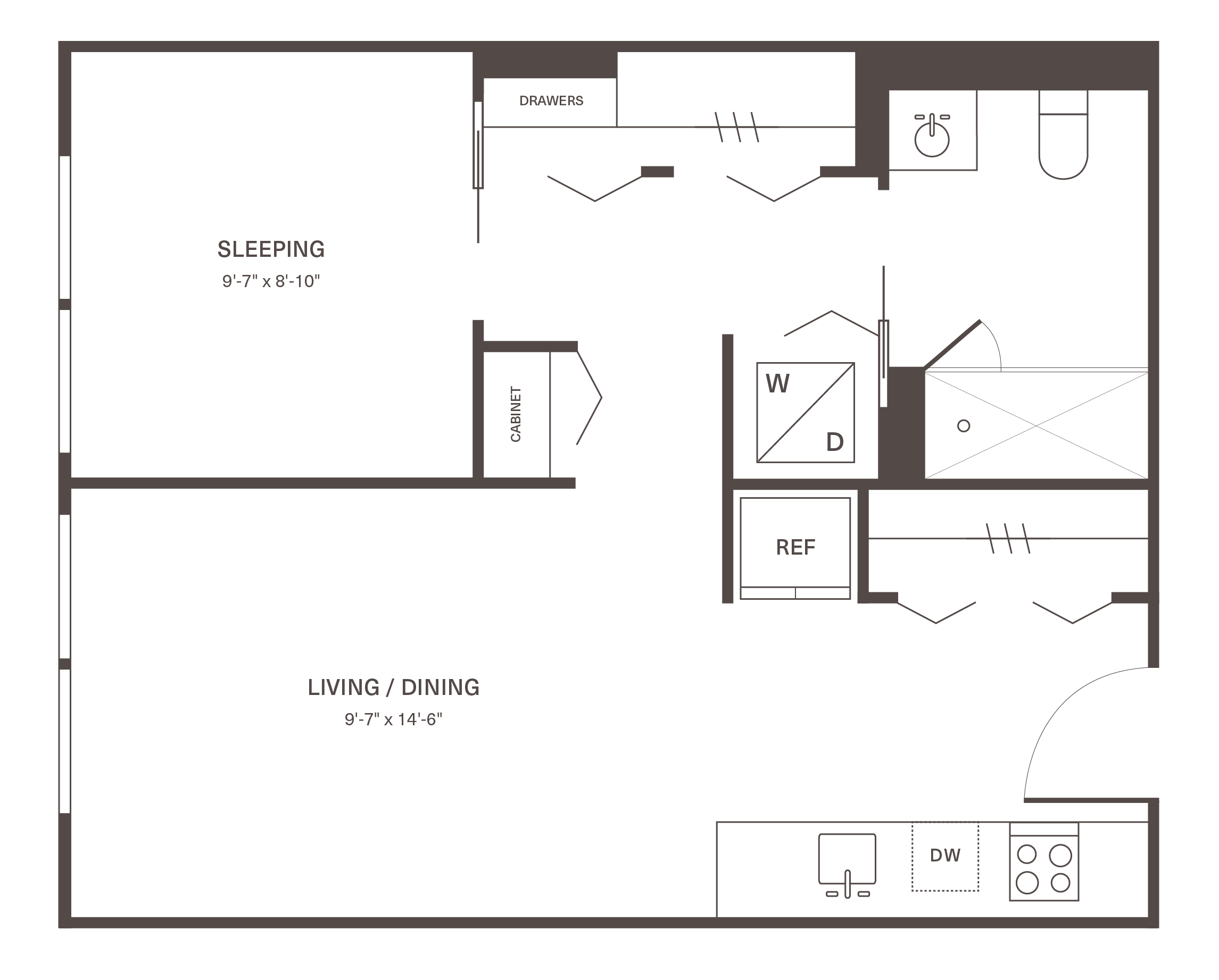Modern floor plan featuring a cozy sleeping area, open living/dining space, compact kitchen, and laundry facilities.