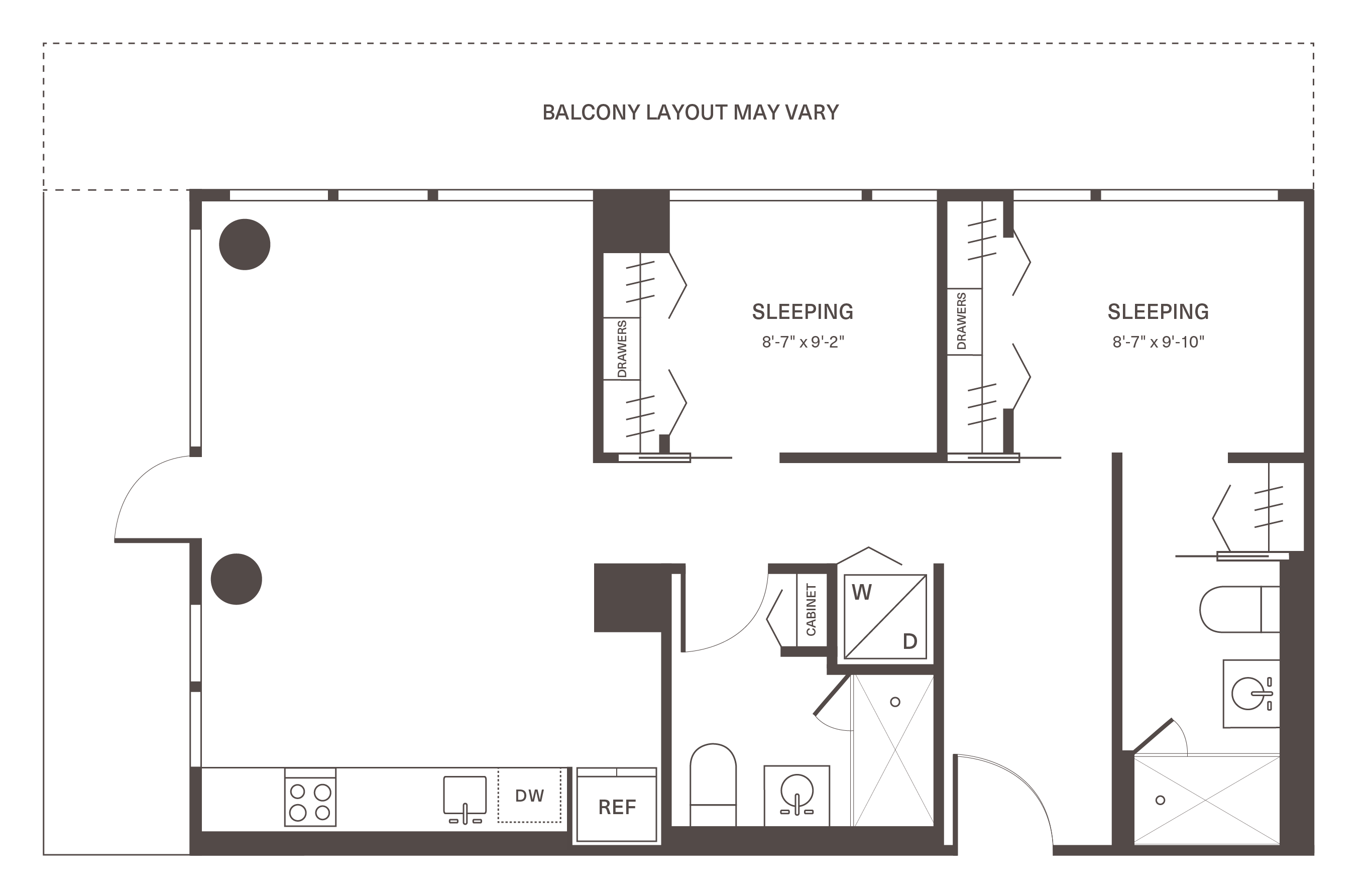 Modern floor plan featuring dual sleeping areas, efficient kitchen, and versatile living space with potential balcony layout.