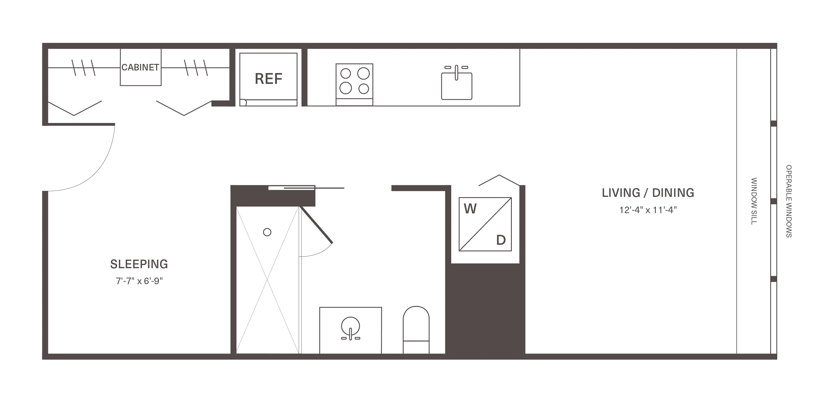 Modern floor plan with a cozy sleeping area, stylish kitchen, and spacious living/dining space featuring operable windows.