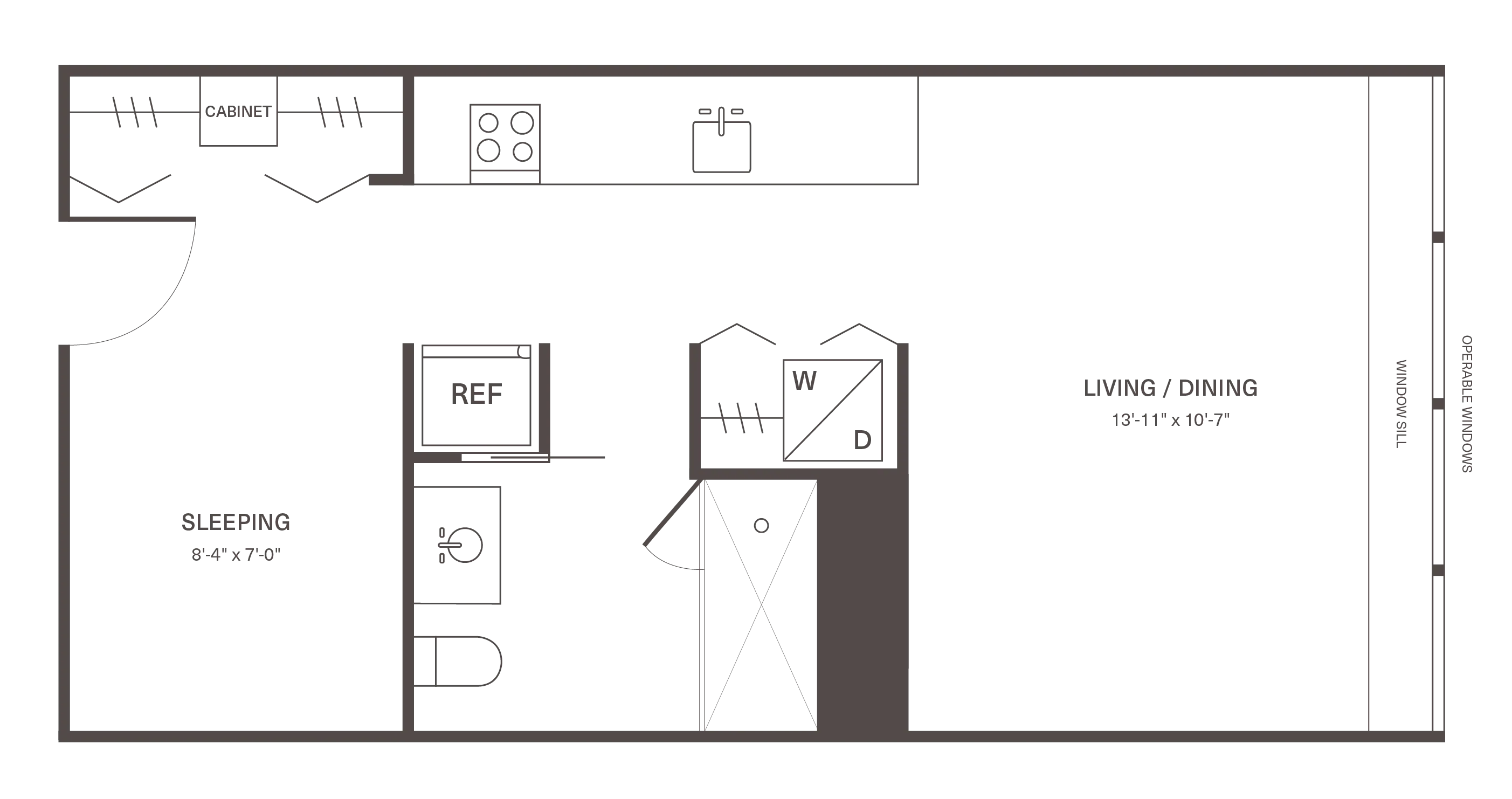 Elegant studio apartment floor plan featuring a cozy sleeping area, modern kitchen, and spacious living/dining space with operable windows.