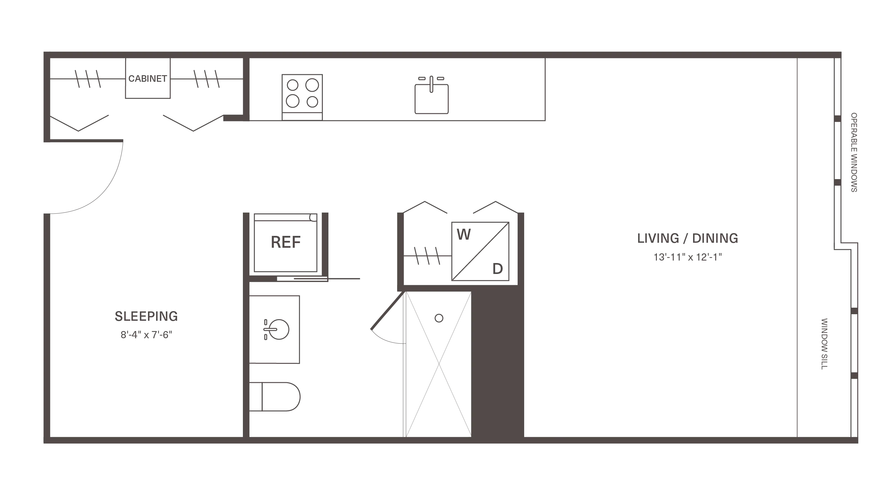 Modern studio apartment floor plan featuring a spacious living/dining area, cozy sleeping zone, well-equipped kitchen, and convenient washer/dryer. Ideal for efficient living.