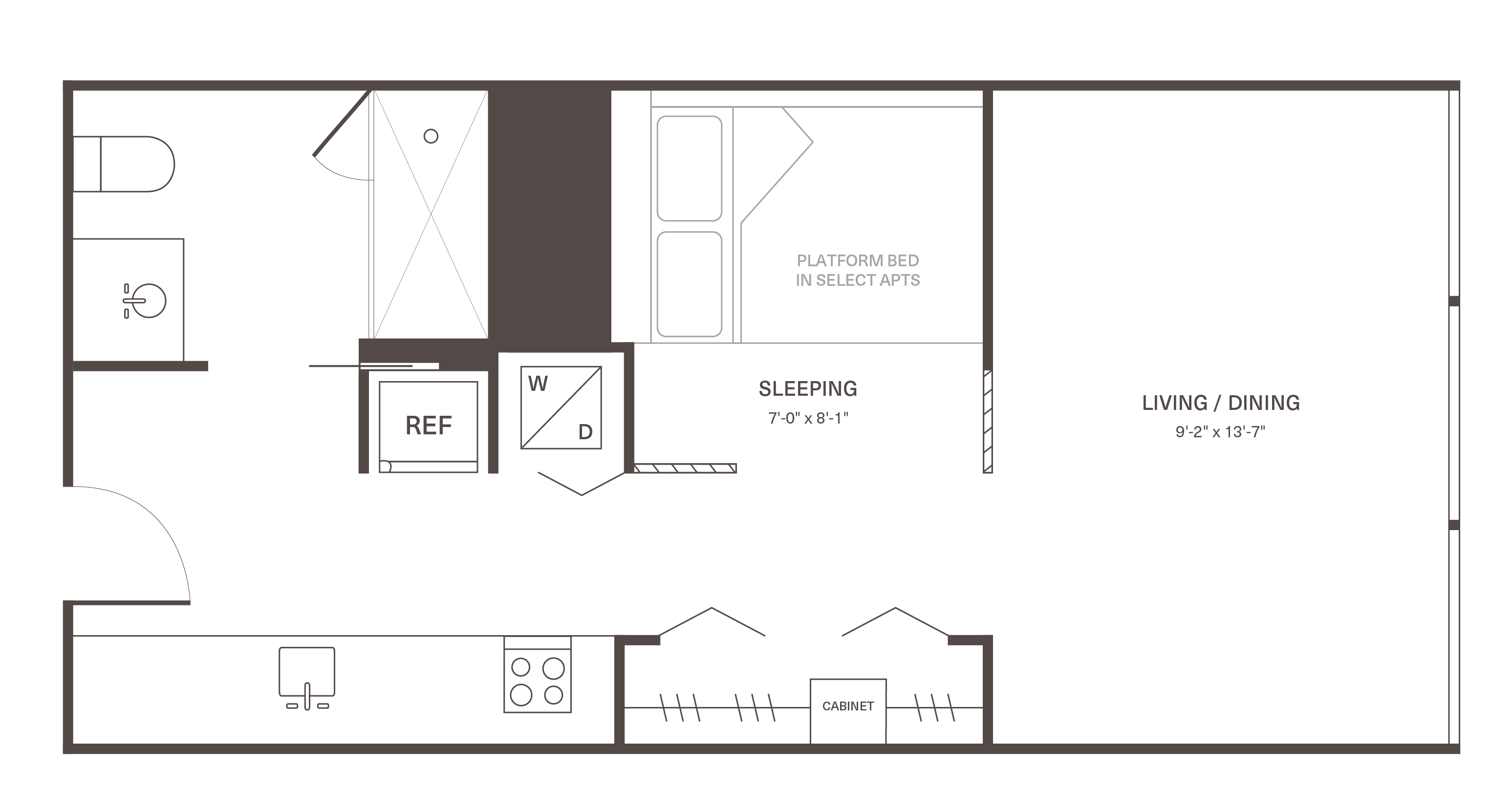 Cozy studio apartment floor plan showcasing efficient layout with sleeping area, compact kitchen, and living/dining space.