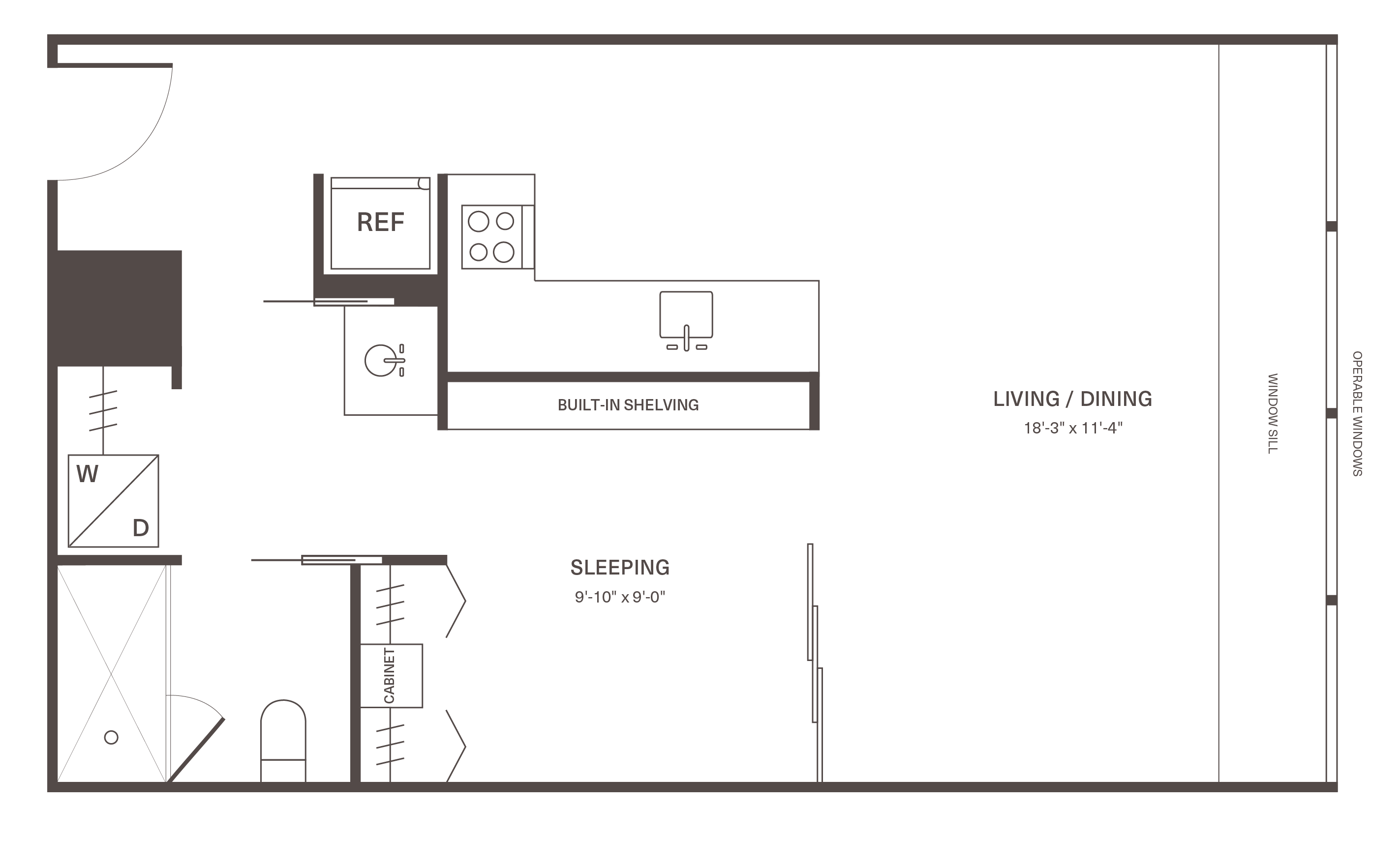 Elegant studio apartment floor plan featuring open living and dining area, modern kitchen with built-in shelving, and cozy sleeping space.