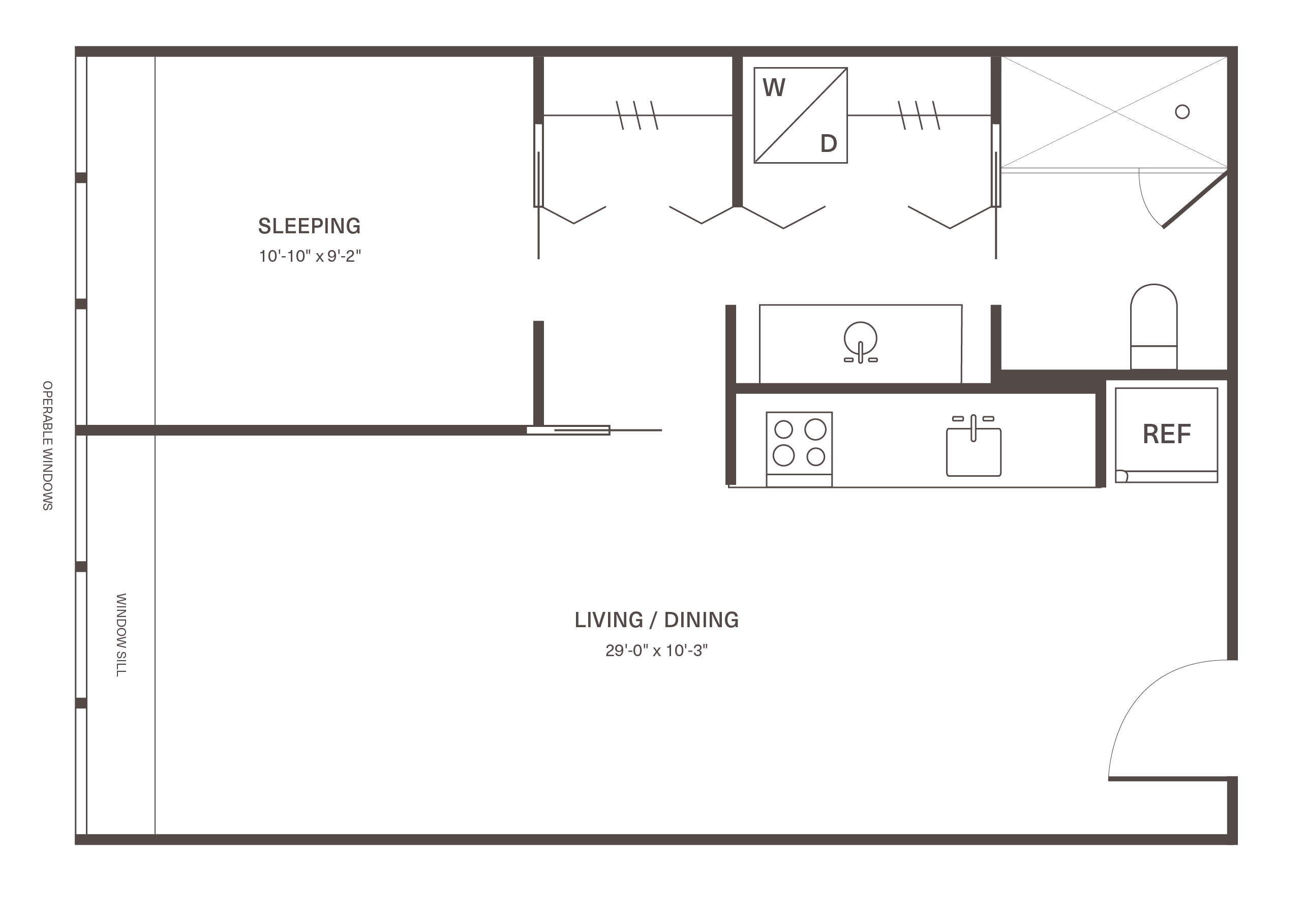Modern studio apartment floor plan featuring a spacious living and dining area, sleek kitchen, and flexible sleeping space with operable windows.