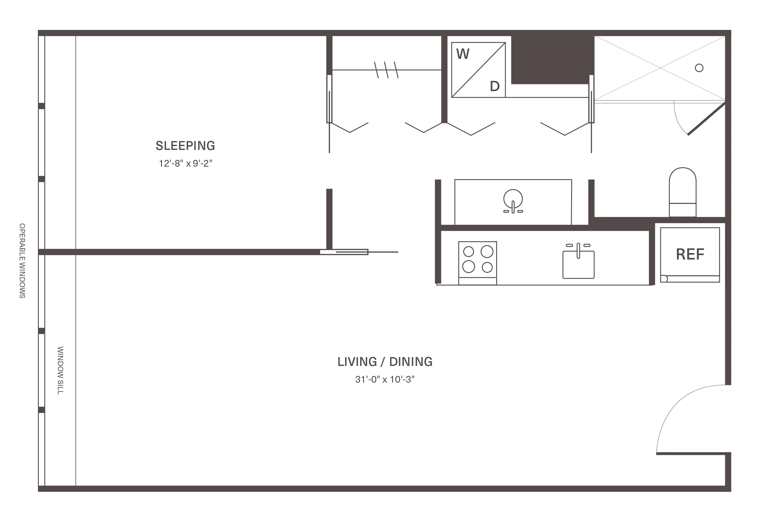 Modern studio floor plan showcasing an open living and dining area, efficient kitchen, and sleek sleeping space with natural light.