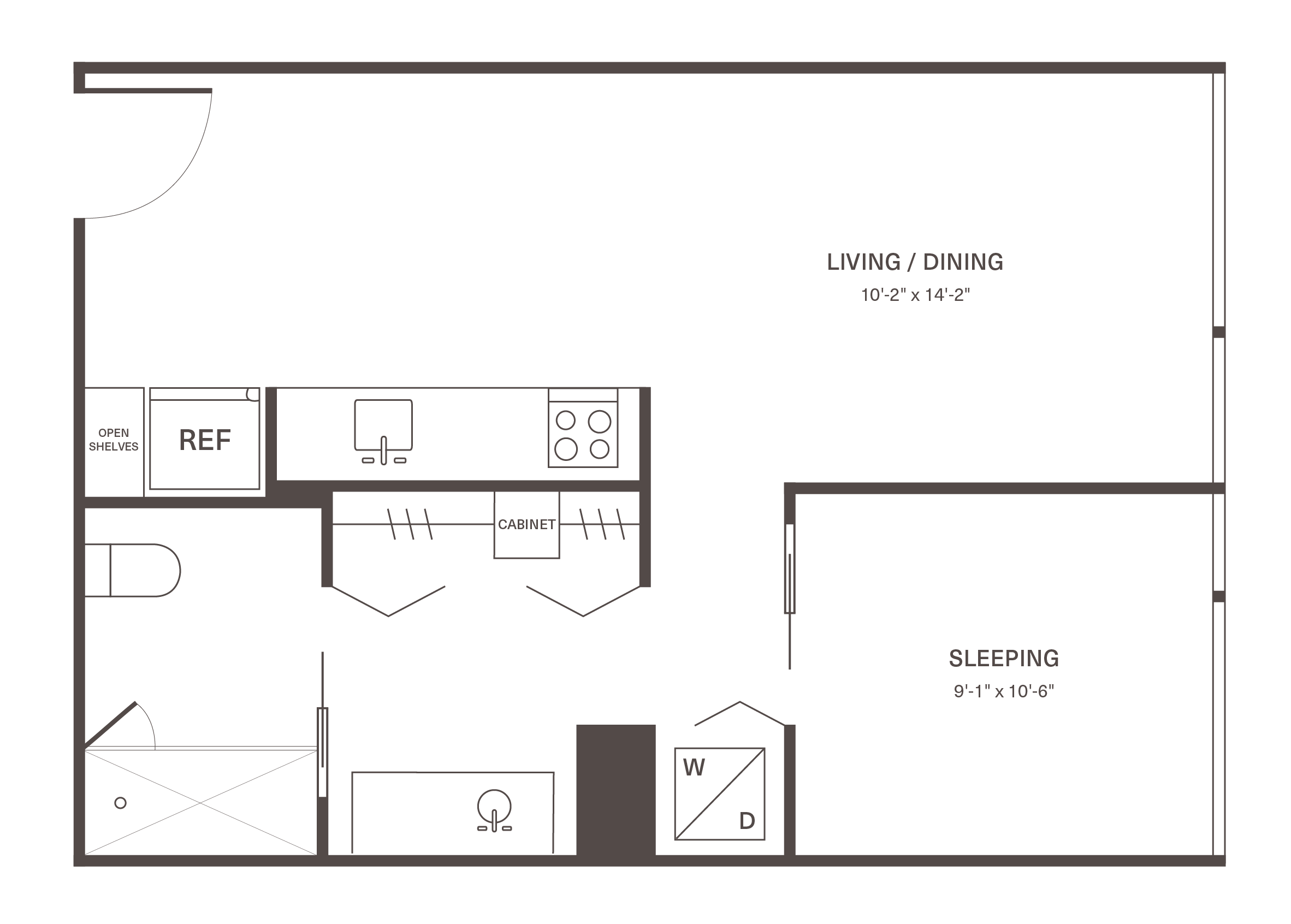 Modern floor plan featuring open living and dining space, spacious sleeping area, compact kitchen with storage, and convenient washer/dryer setup.