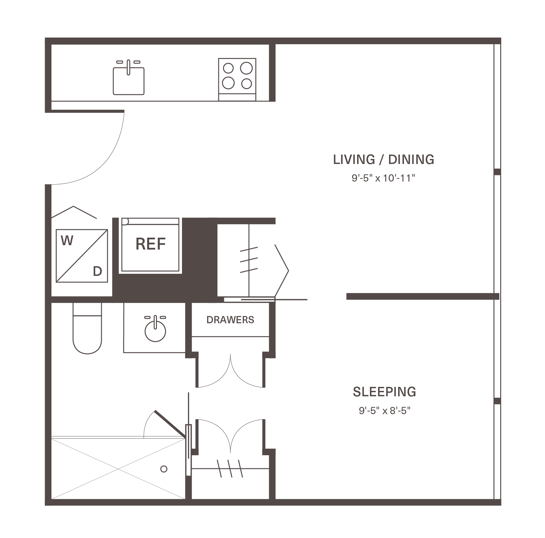 Efficient studio apartment floor plan featuring an open living and dining area, compact kitchen, and designated sleeping space.
