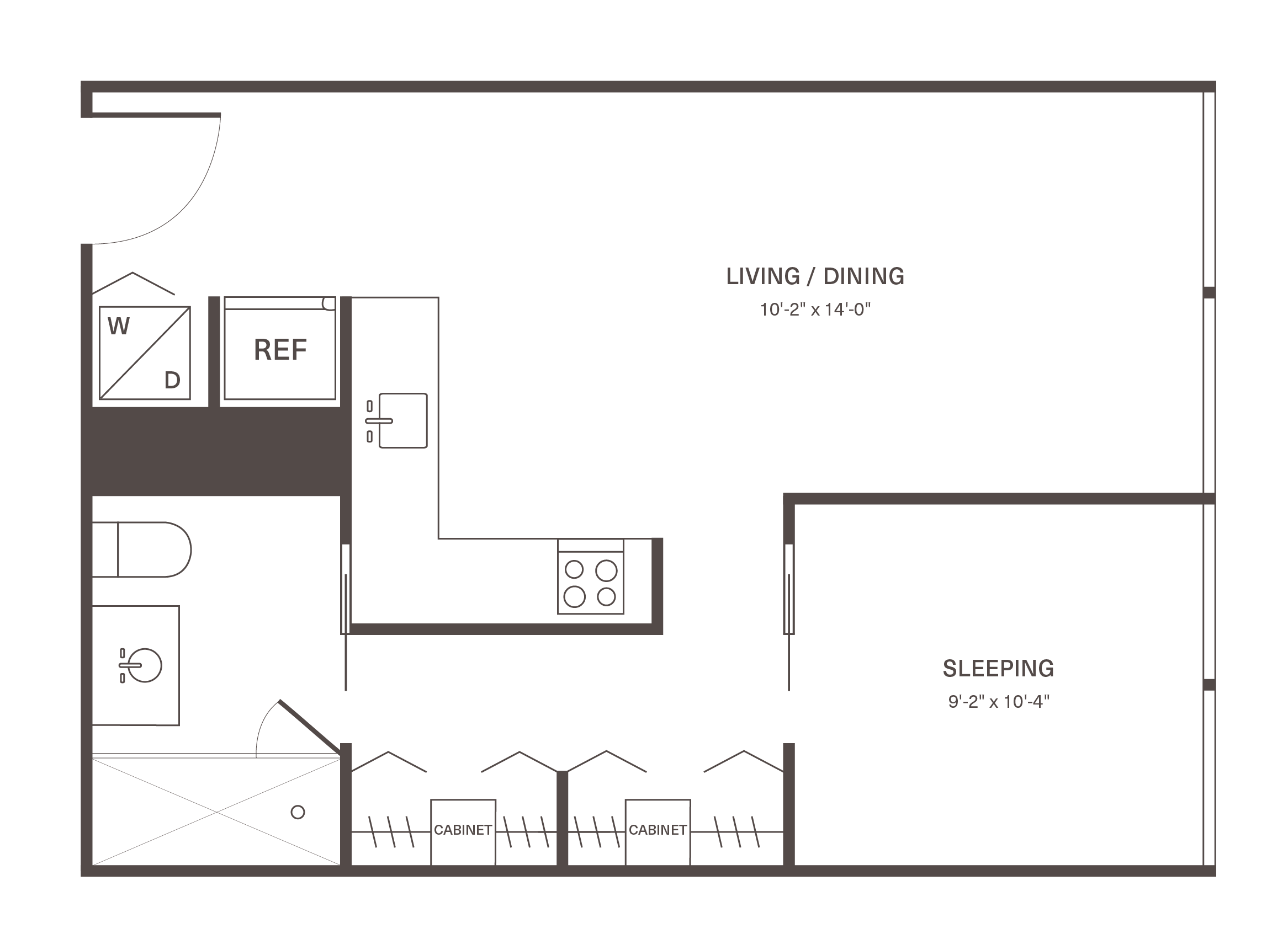 Modern apartment floor plan showcasing a spacious living and dining area, efficient kitchen layout, cozy sleeping space, and convenient bathroom facilities.