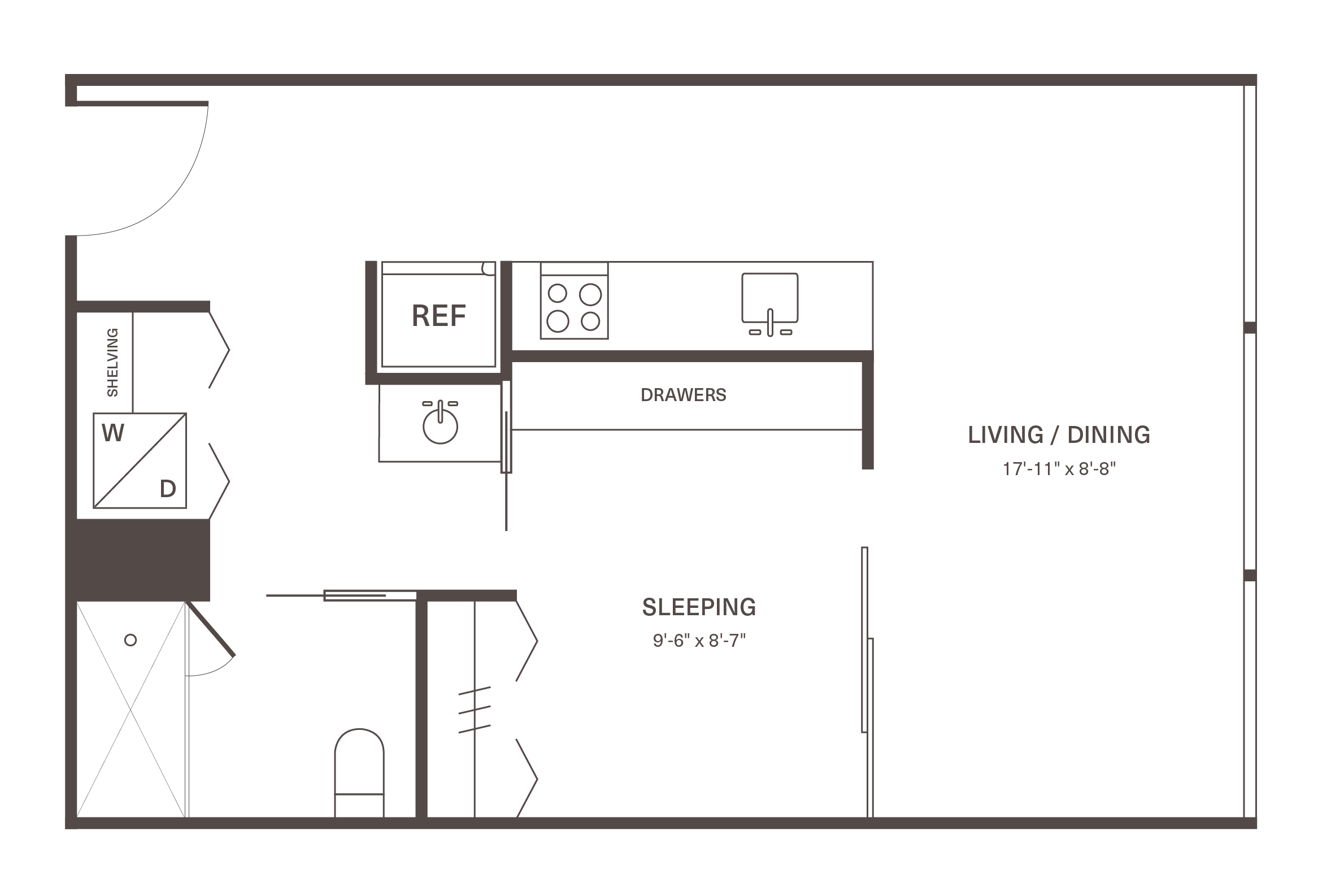 Contemporary studio floor plan showcasing open living and dining area, efficient kitchen layout, and cozy sleeping space.
