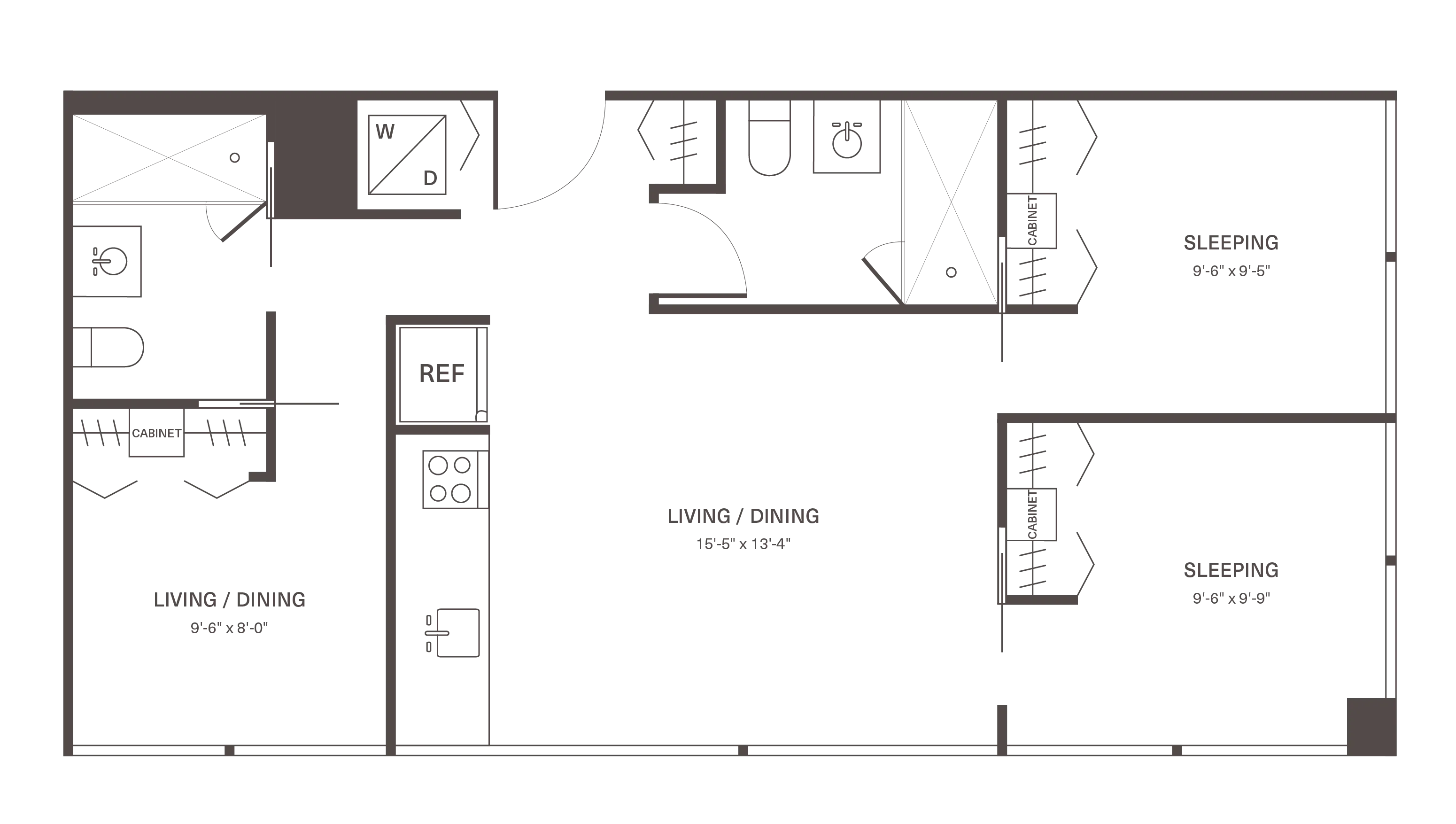 Modern apartment floor plan featuring a spacious living/dining area, two cozy sleeping quarters, a functional kitchen with a refrigerator, and in-unit washer/dryer.