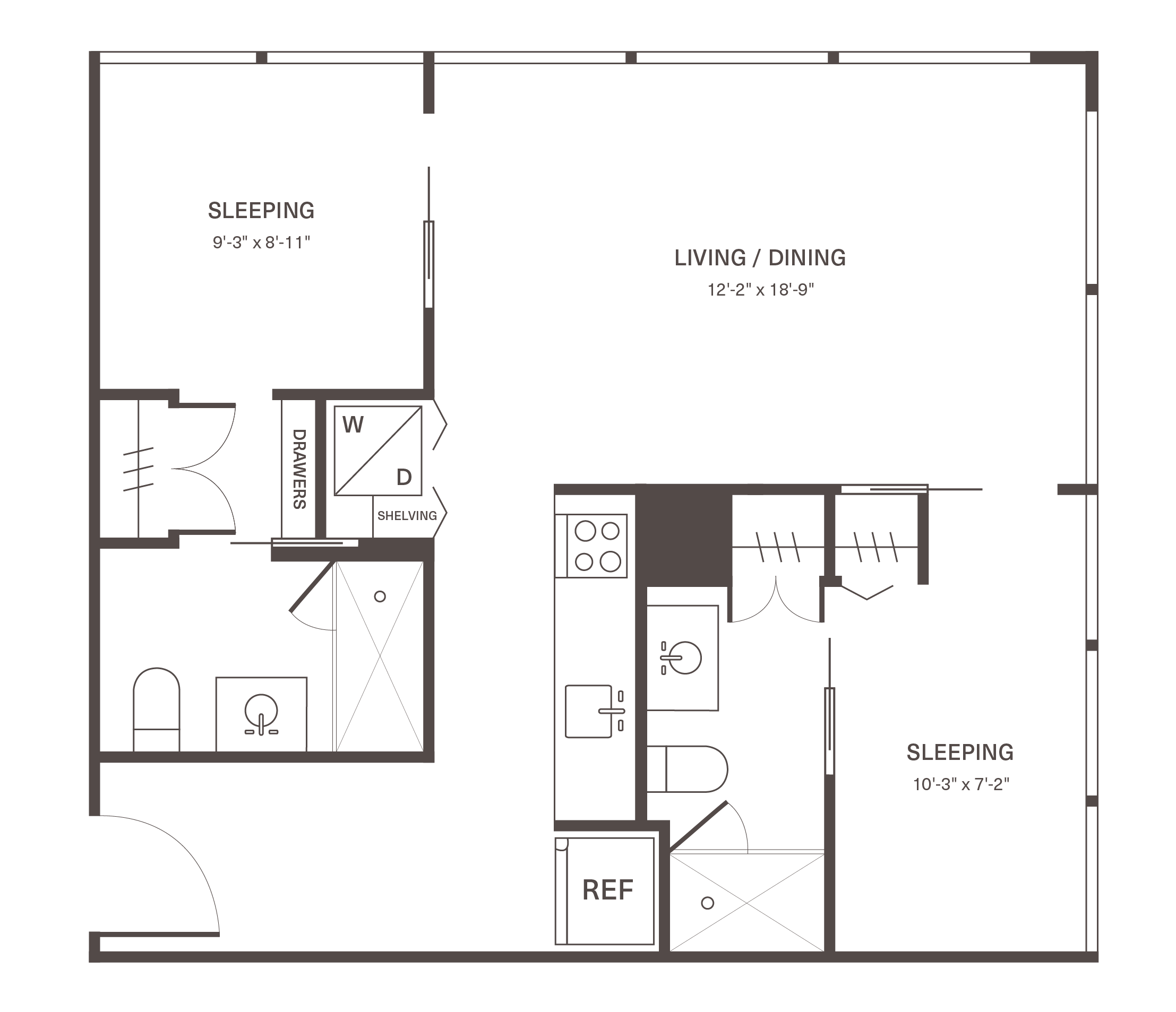 Modern floor plan showcasing 2 cozy sleeping areas, an expansive living and dining space, and a sleek kitchen with integrated laundry facilities.
