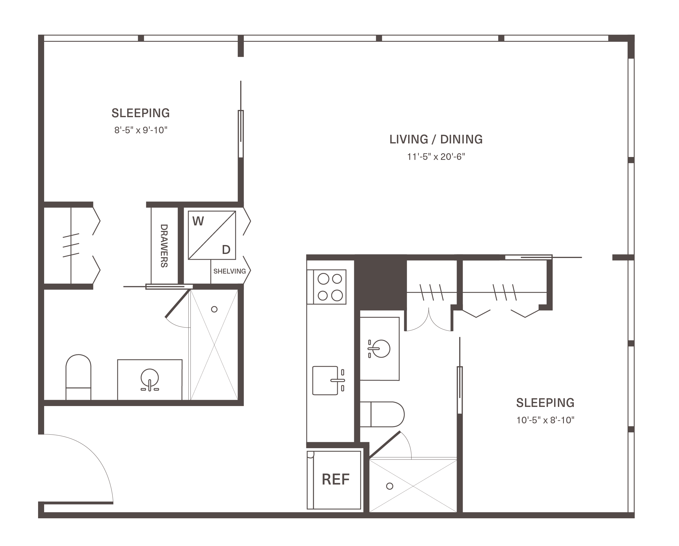 Charming floor plan showcasing two cozy sleeping areas, a spacious living/dining room, and a well-appointed kitchen with modern appliances.