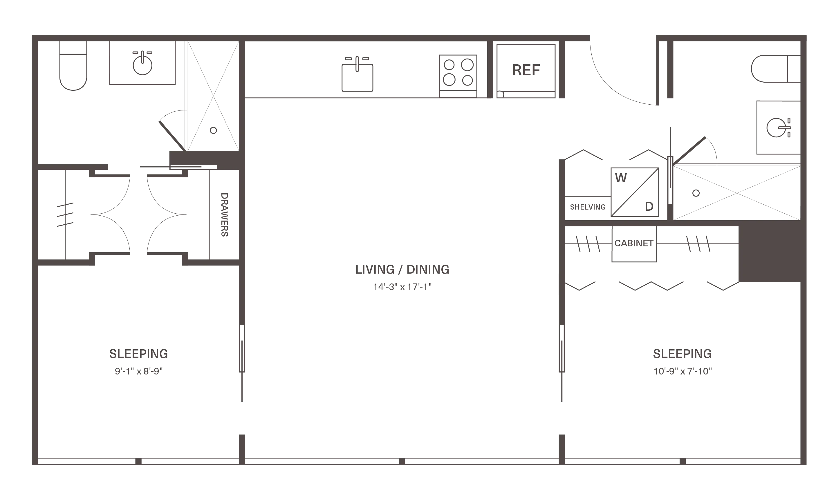 Modern floor plan featuring two sleeping areas, open living and dining space, sleek kitchen, and convenient storage options.