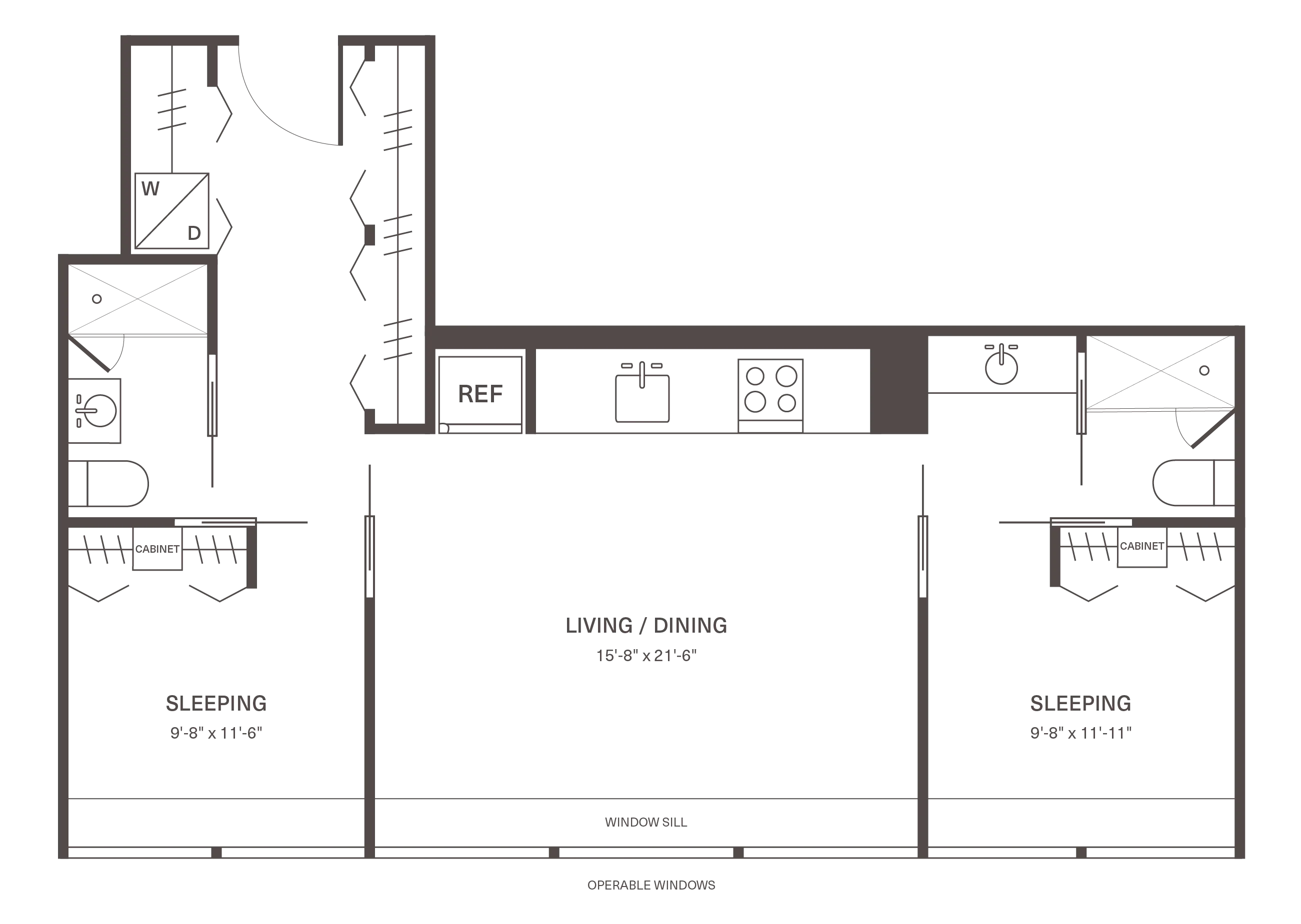 Modern floor plan with 2 spacious bedrooms, combined living and dining area, sleek kitchen layout, and two bathrooms.