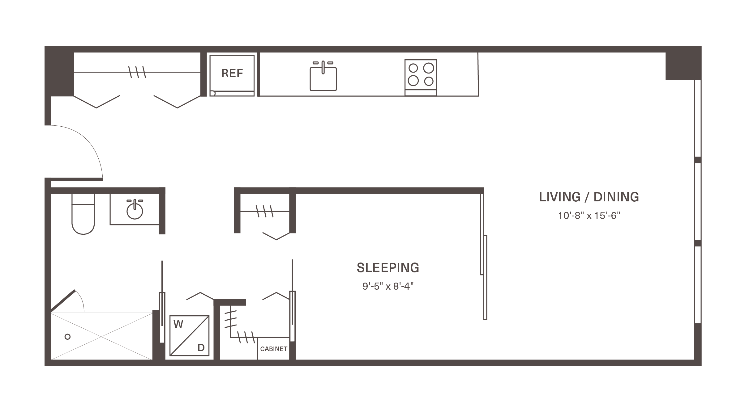 Elegant floor plan showcasing an open living and dining area, a cozy sleeping space, and modern kitchen amenities.