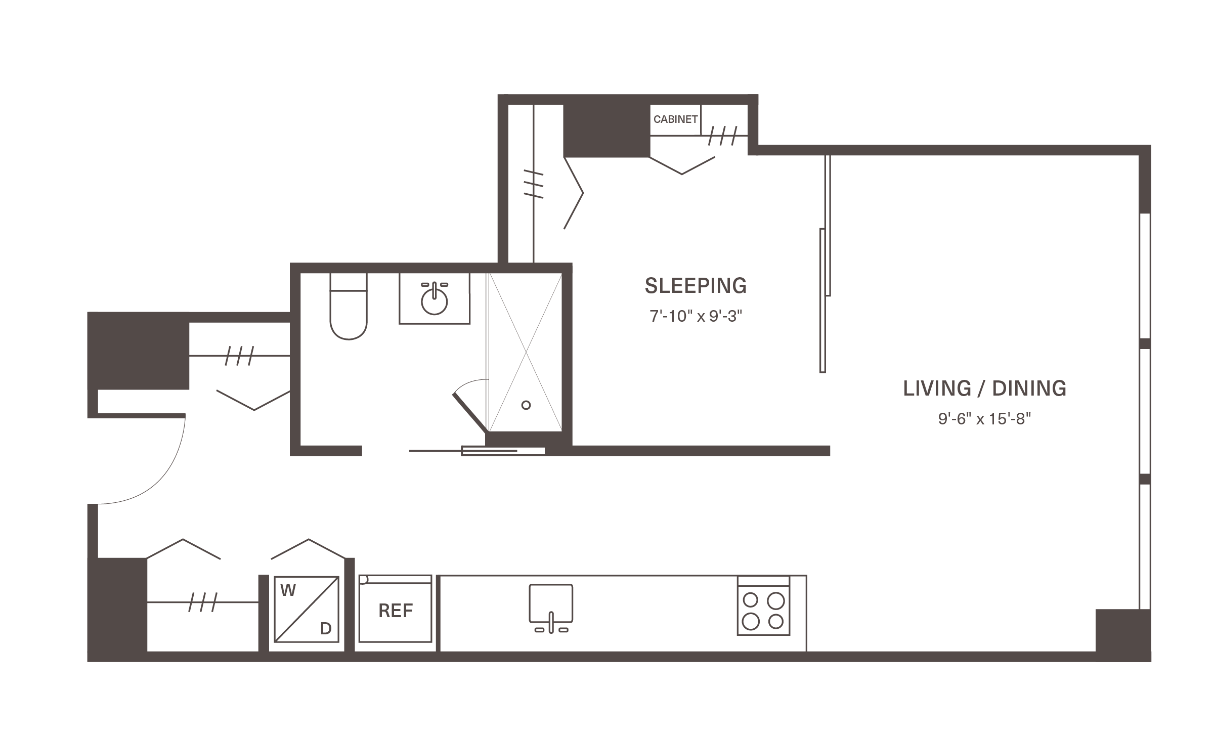 Modern floor plan showcasing a spacious living and dining area, compact sleeping space, and convenient kitchen with appliances.