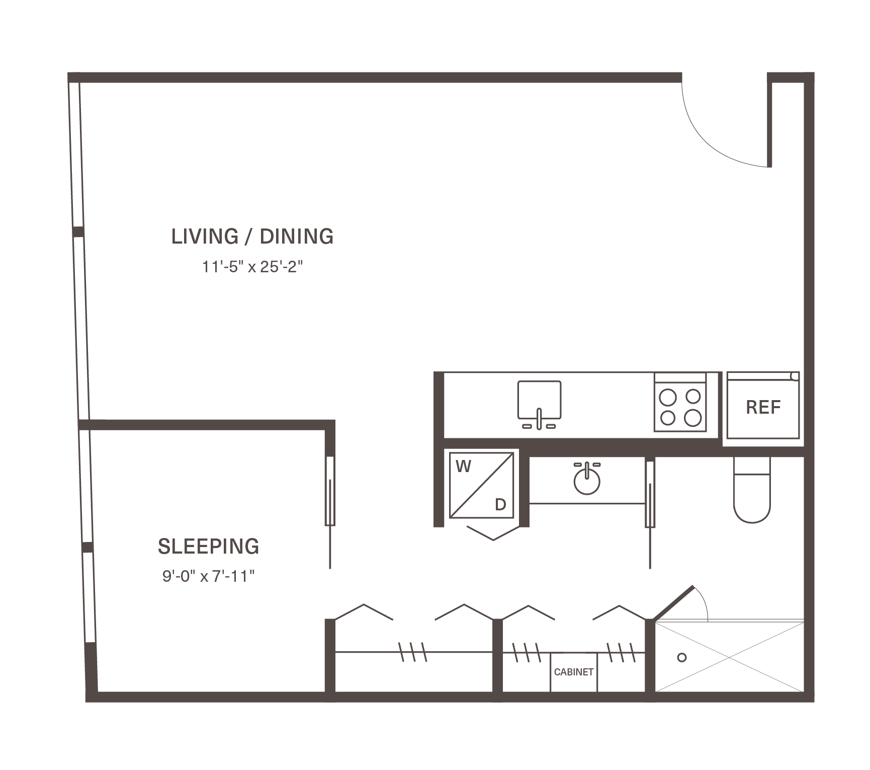 Modern apartment floor plan with open living and dining area, compact kitchen, and dedicated sleeping space.