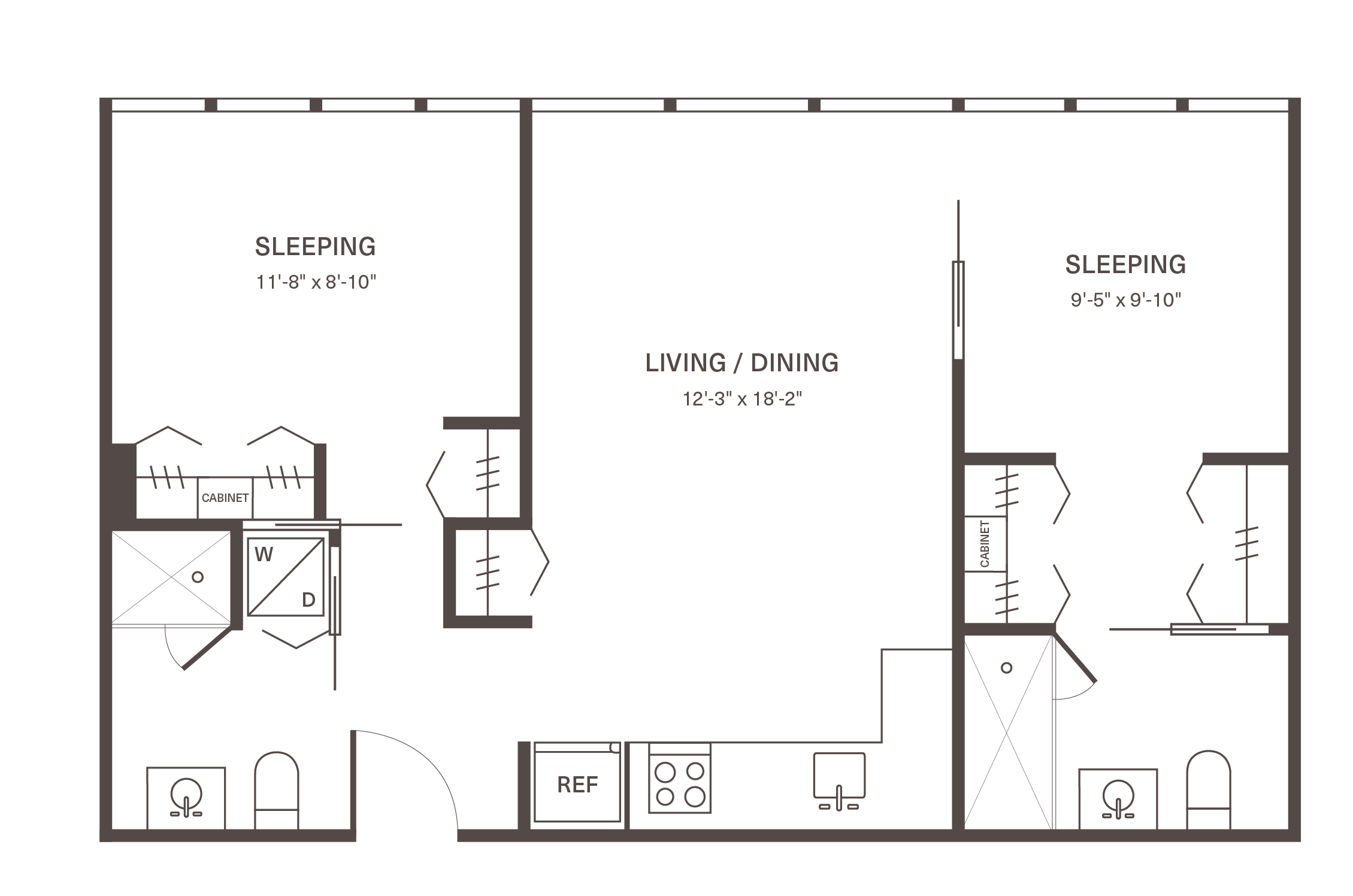 Modern 2-bedroom floor plan featuring open living and dining area, spacious kitchen, and convenient laundry space.