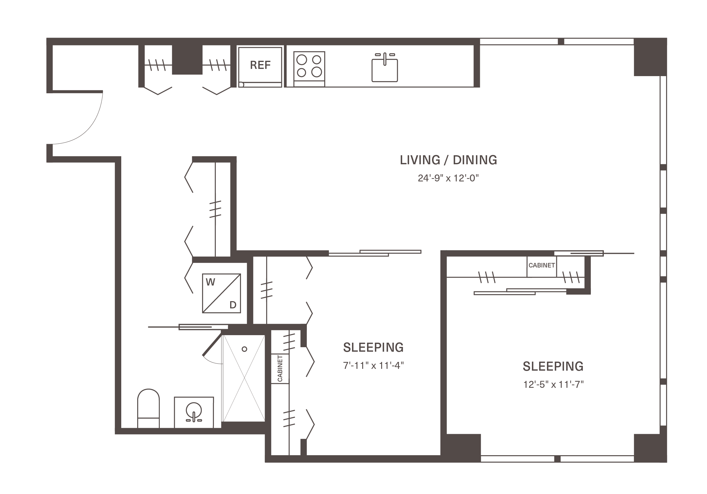 Modern floor plan showcasing 2 spacious sleeping areas, open-concept living/dining space, and efficient kitchen layout with washer/dryer area.
