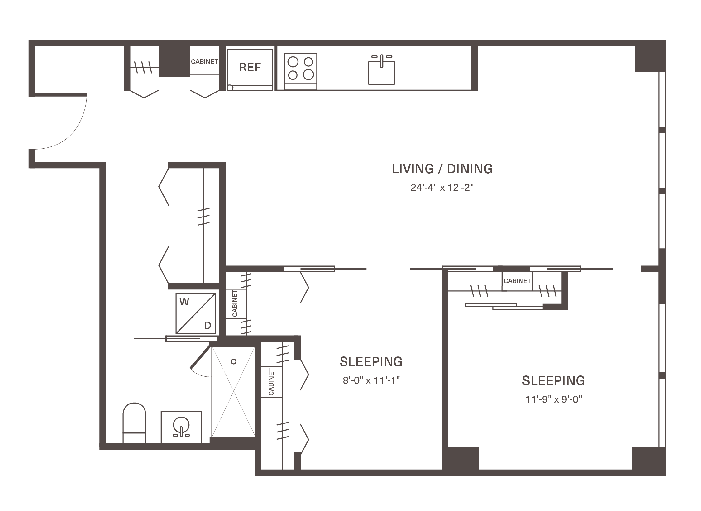 Modern 2D floor plan highlighting 2 cozy bedrooms, a spacious living/dining area, and a sleek kitchen layout.
