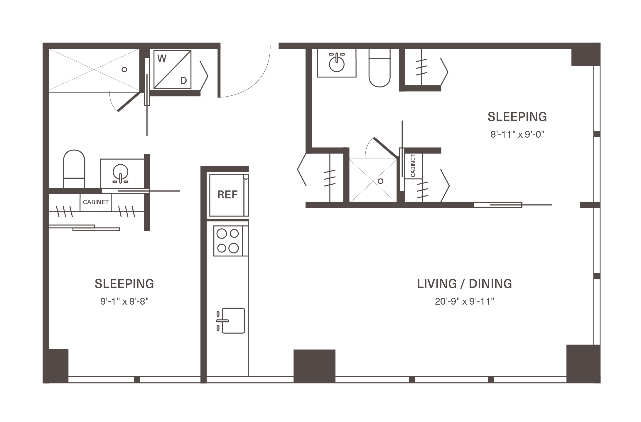 Modern floor plan showcasing two cozy sleeping areas, an efficient kitchen with adjacent living and dining spaces, plus a convenient laundry setup.