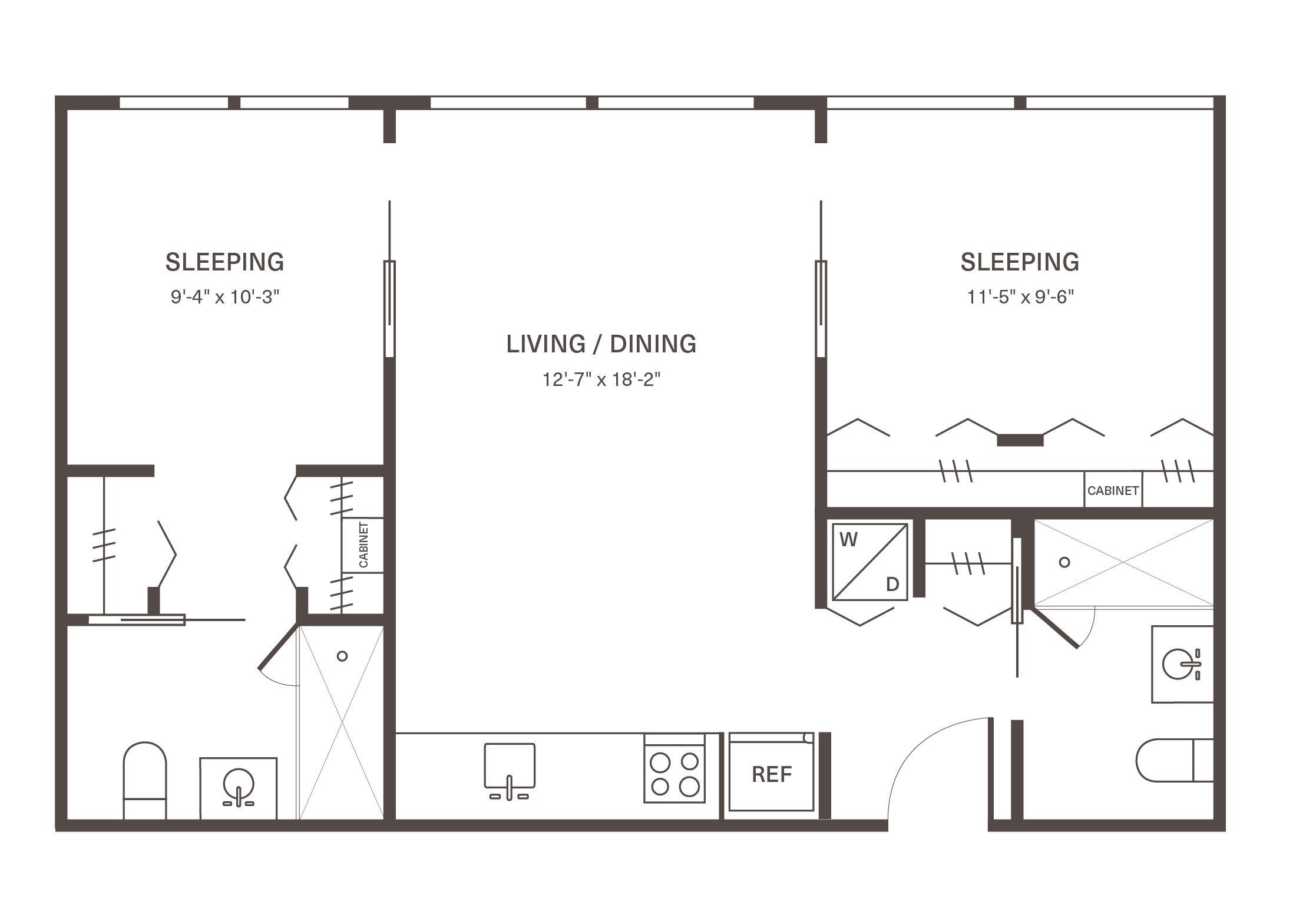 Inviting apartment floor plan showcasing two spacious sleeping areas, a large living and dining space, and modern kitchen with appliances.