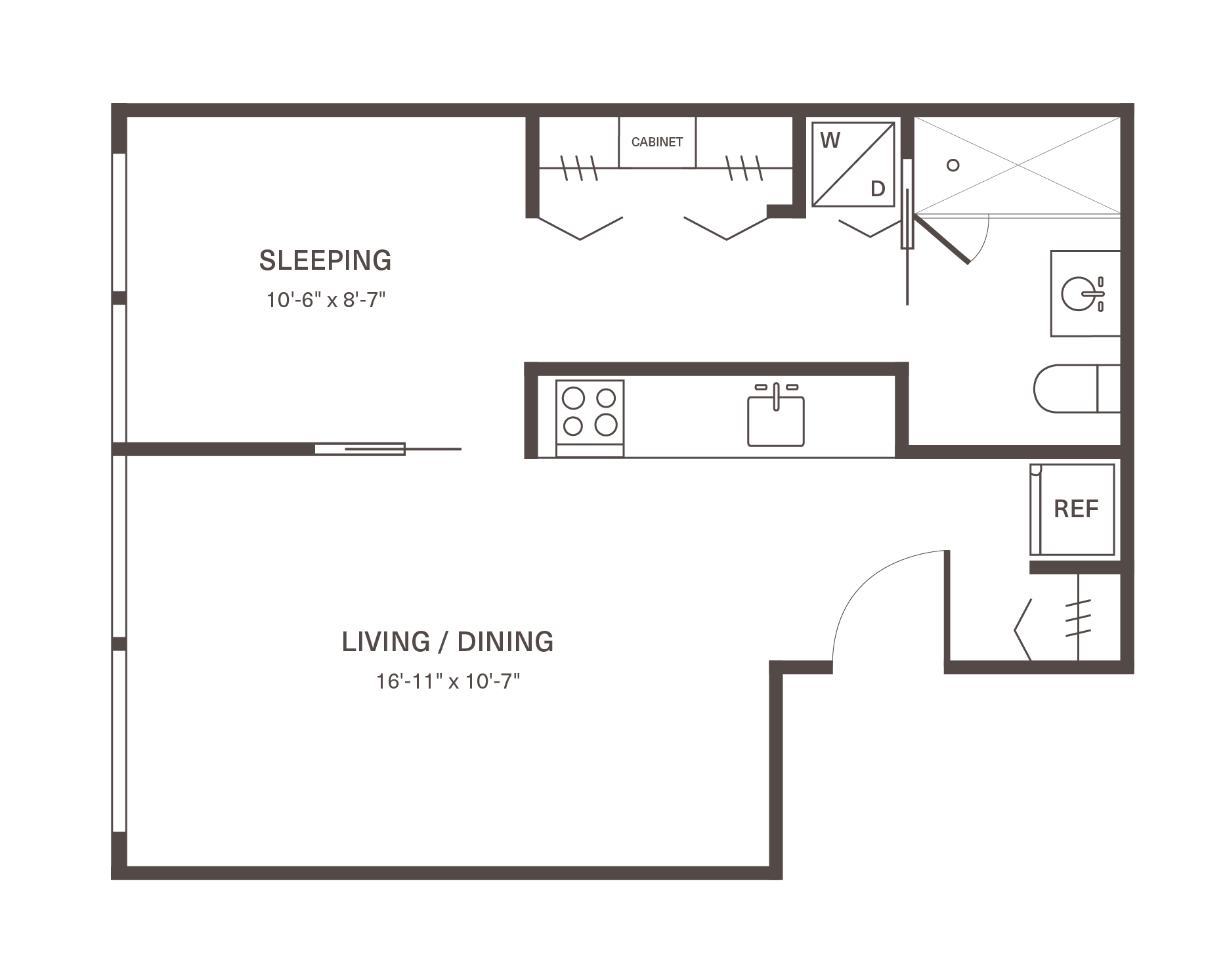 Contemporary floor plan showcasing an open-concept living and dining area, compact kitchen, and cozy sleeping space. Perfect for modern living.