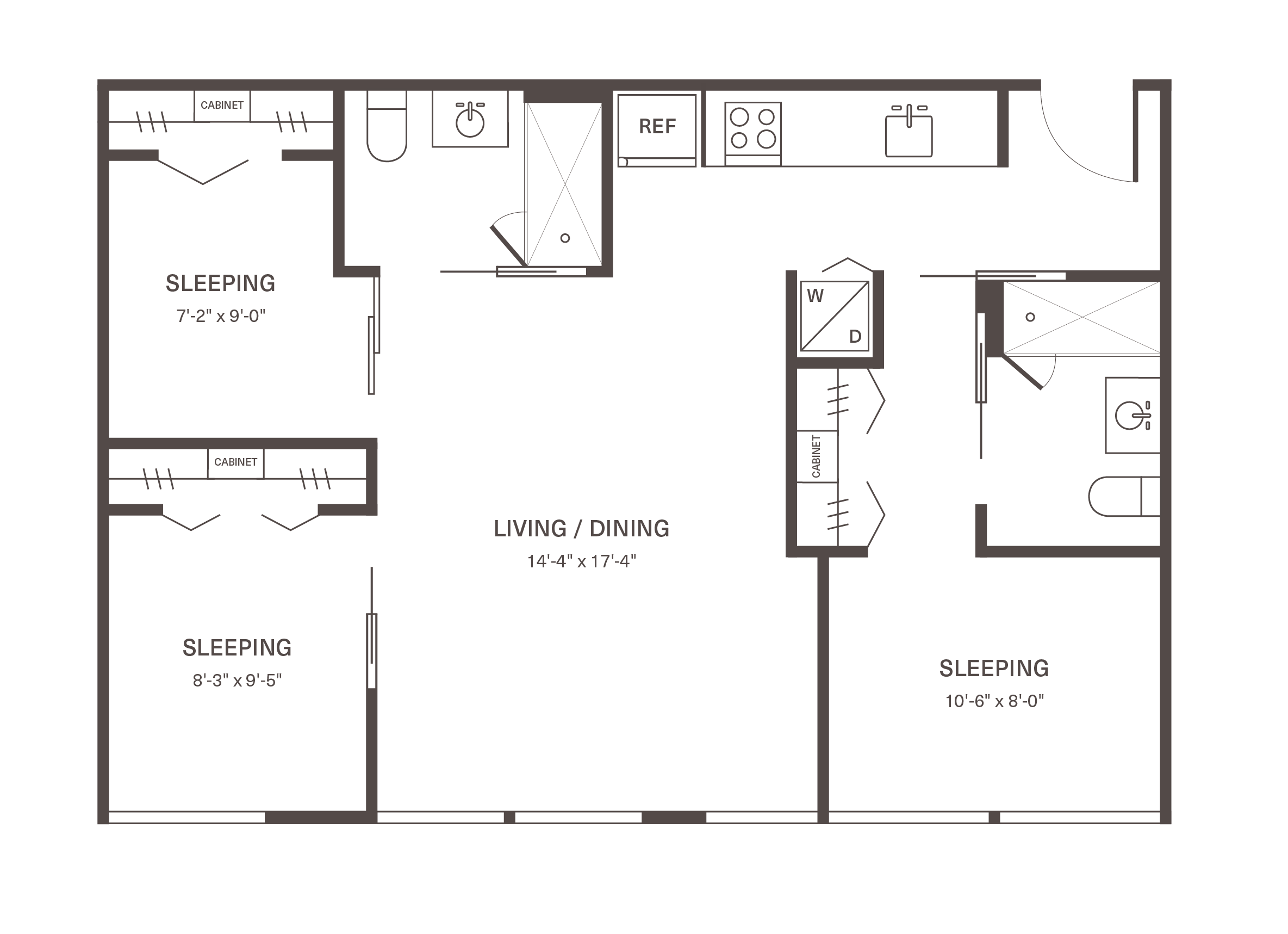 Chic floor plan layout featuring three cozy sleeping areas, a spacious living/dining room, and a modern kitchen, perfect for comfortable living and entertaining.