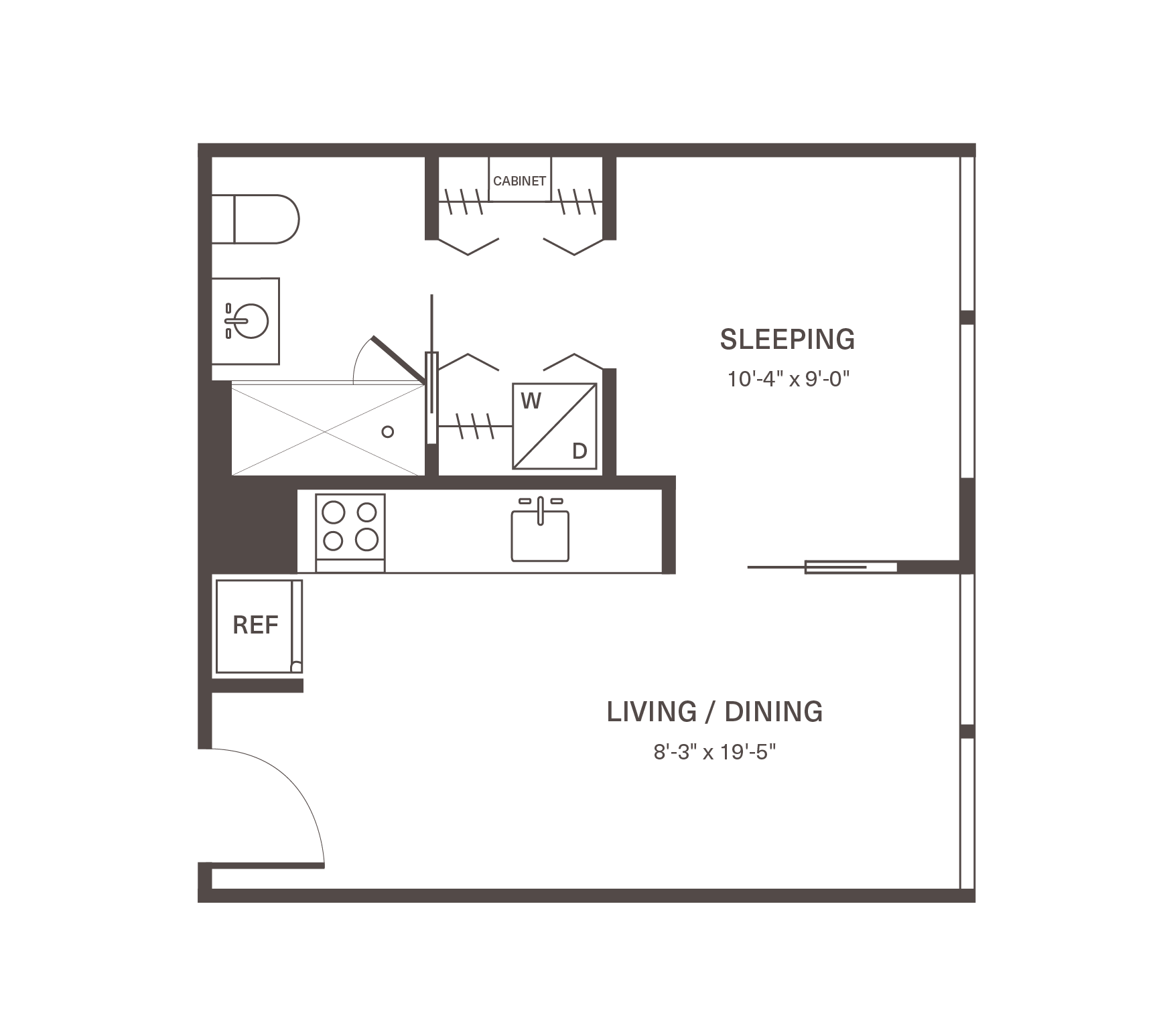 Efficient studio floor plan featuring a combined living and dining area, modern kitchen, and cozy sleeping space.