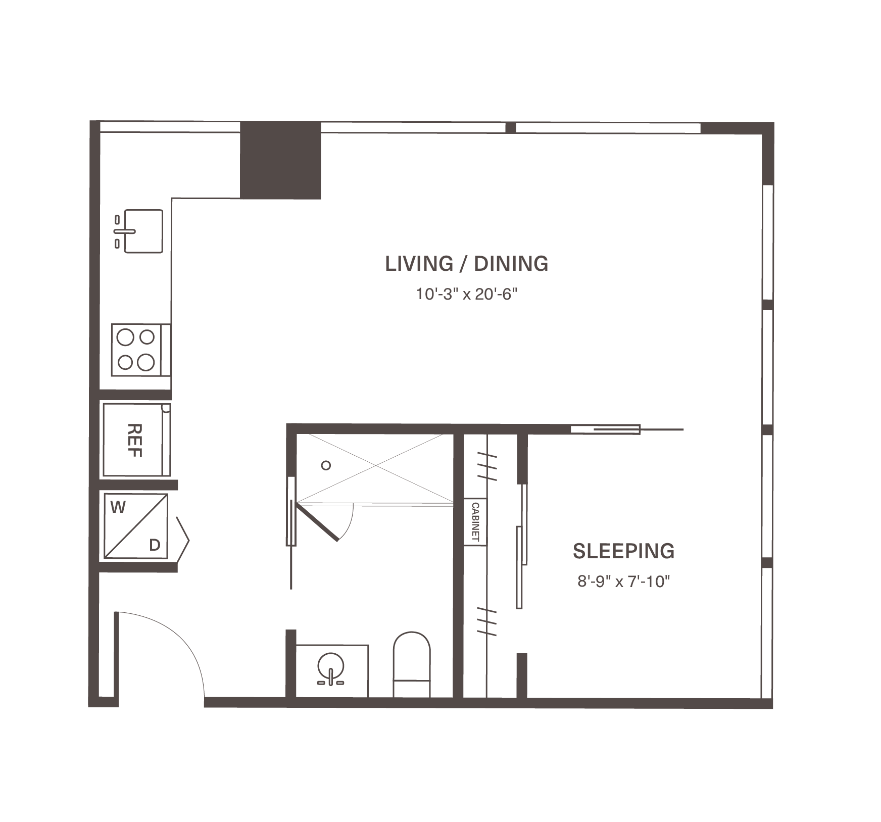 Modern studio floor plan featuring spacious living and dining area, compact kitchen, convenient bathroom, and cozy sleeping space.