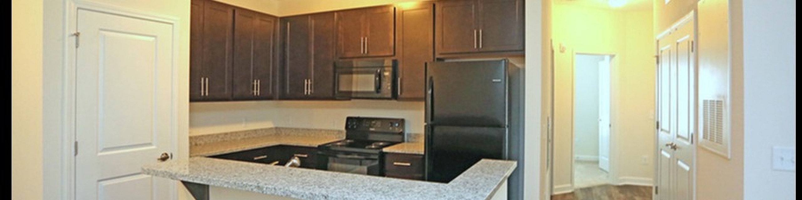 Modern kitchen with elegant dark cabinets, sleek appliances, and stylish countertops in a spacious open layout.