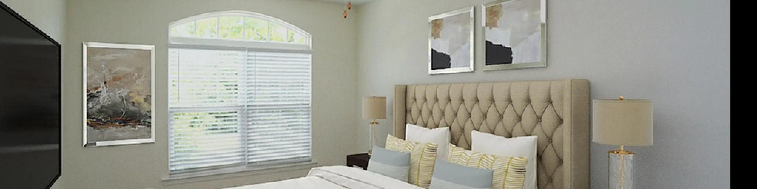 Inviting bedroom featuring a plush tufted headboard, elegant bedside lamps, large window with blinds, and modern ceiling fan.