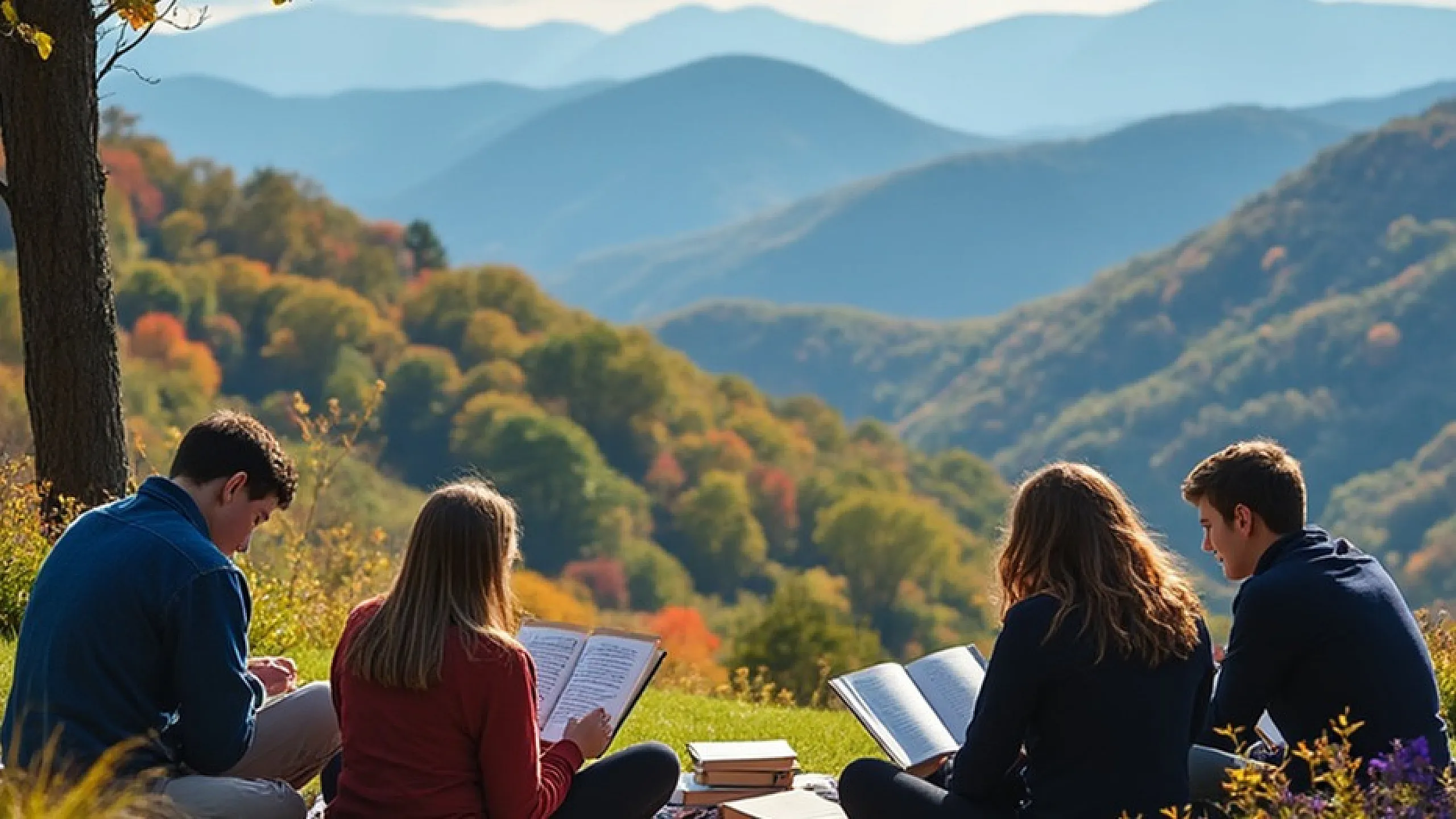 Scenic mountain view with a group of people enjoying a peaceful picnic, nestled in vibrant autumn foliage.