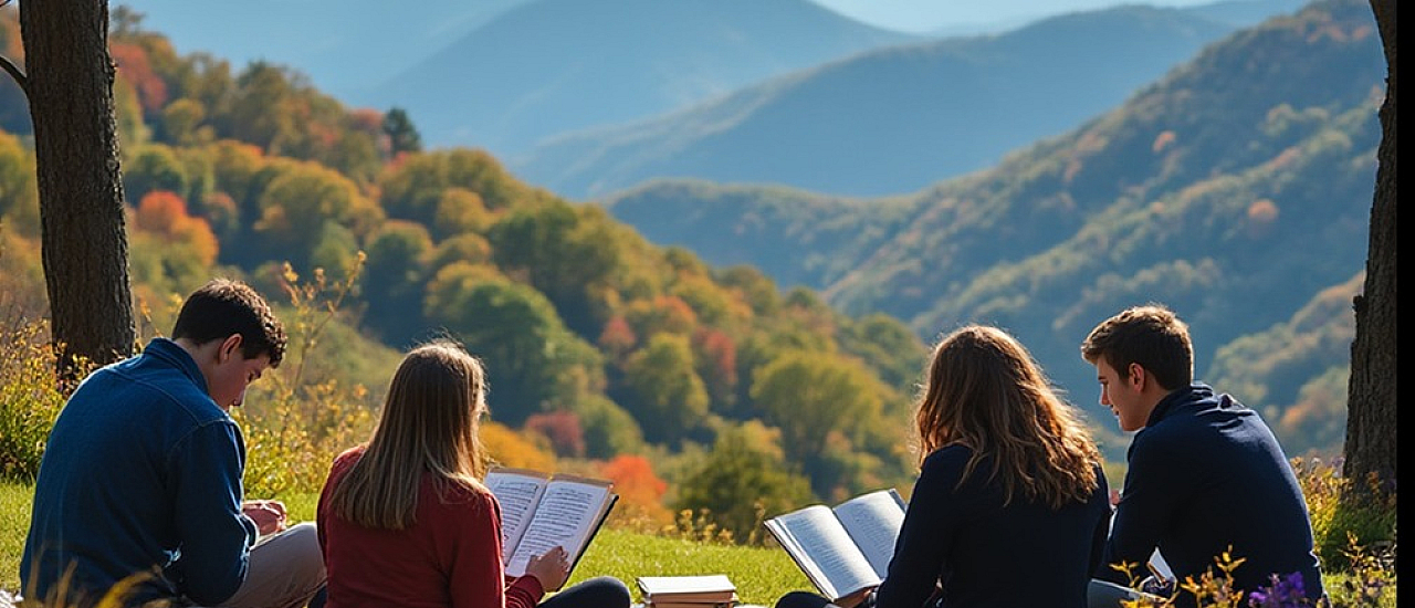 Tranquil picnic scene with a group of people reading books, surrounded by vibrant autumn foliage and stunning mountain views.