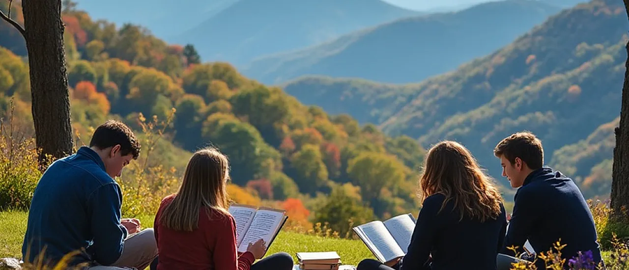 Serene mountaintop setting with four people enjoying a peaceful reading session amidst vibrant autumn foliage and rolling hills.